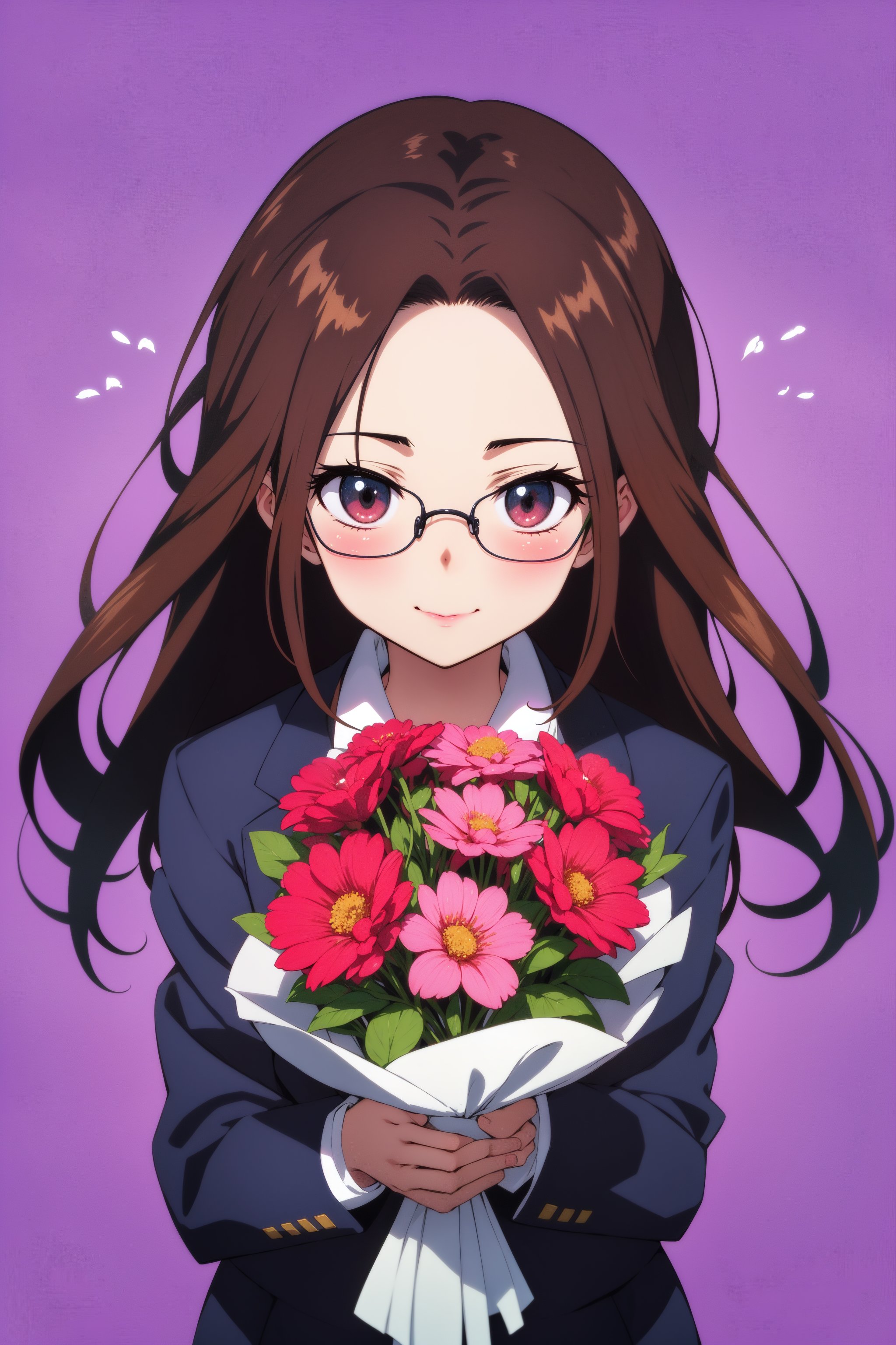 (anime:1.5)
best quality,  masterpiece,  ultra high res,  RAW photo
1girl,  (suit:1.3),  brown_eyes,  black_hair,  straight hair,  lips,  (forehead:1.3),  cute,  medium breasts,  plump,  petite,  loli,  glasses,              
,  closed mouth,  convergent strabismus,  bashful,  shy,  blushing,  smile


BREAK
morning,  Cheerfully greeting everyone,  colourful background,  Model shooting style

BREAK
(holding a bouquet of flower,  :1.3)
(anime:1.5)(High-contrast)
