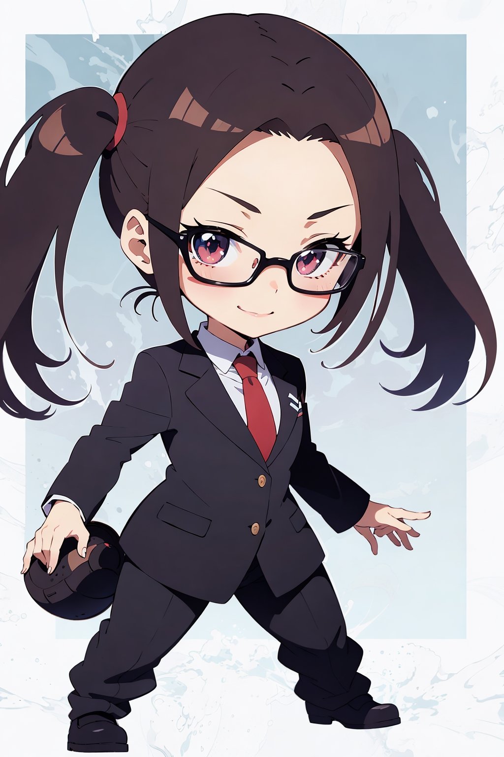 (chibi:1.5)fullbody, ten, tenten, 10, 1010, short twintails, RAW photo1girl, (suit:1.3), brown_eyes, black_hair, straight hair, lips, (forehead:1.3), cute, medium breasts, plump, petite, loli, glasses, , closed mouth, convergent strabismus, bashful, shy, blushing, smile, (anime:1.3)(illustration:1.3) BREAK morning, Cheerfully greeting everyone, colourful background, Model shooting style(anime:1.5)BREAK simple white background
