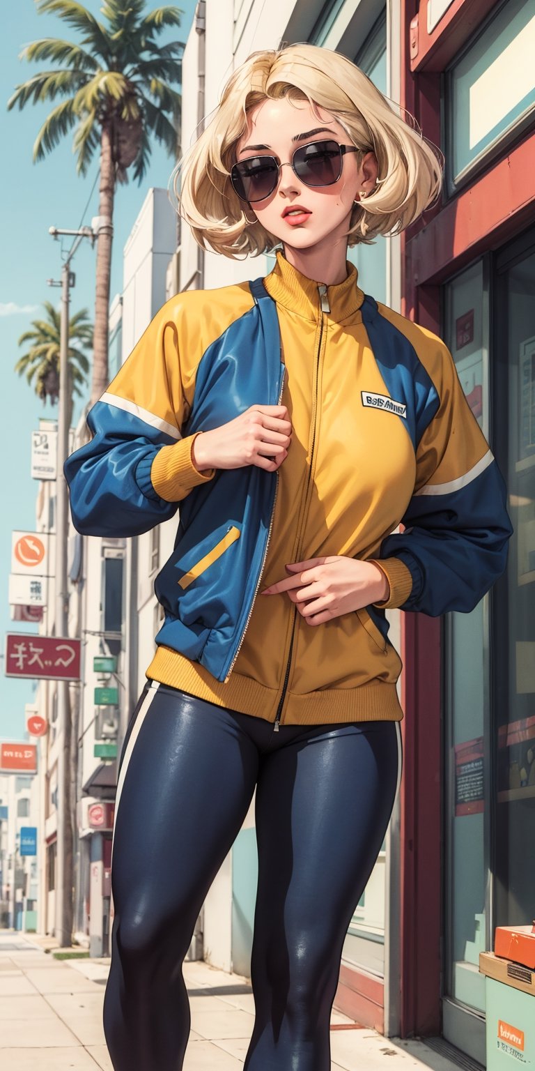 (((retro artstyle))) ((masterpiece)) A girl with blonde hair , sunglasses , retro track jacket , retro sweatpants , full body portrait , neutral expression , (vaporwave aesthetic) , palm trees , bust figure , vinyl records , japanese letters , vivid ,,