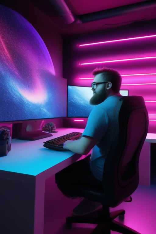 In a bustling design and animation studio, filled with neon lights and high-tech gaming setups, fat sits at the helm. This bearded man, a master of geek culture, is hard at work creating dreams. His fingers dance across the keyboard, coding the future, while his eyes, sharp and focused, monitor the progress of his latest project. The room is a riot of color, reflecting the vibrant creativity that flows from him. He is a web developer, a marketing boss, a crypto master. His workspace is a testament to his skills, filled with exclusive 3D renders and high-quality graphics. This is a man who creates worlds, a dream maker, a creative crack. Suddenly, a powder explosion of ideas bursts from his mind, filling the room with a brutal tech art concept. This is the future of art, a cyberpunk vision that is both futuristic and impactful. This is the best art in the world and universe, brought to life , the master of vibrant, neon colors.