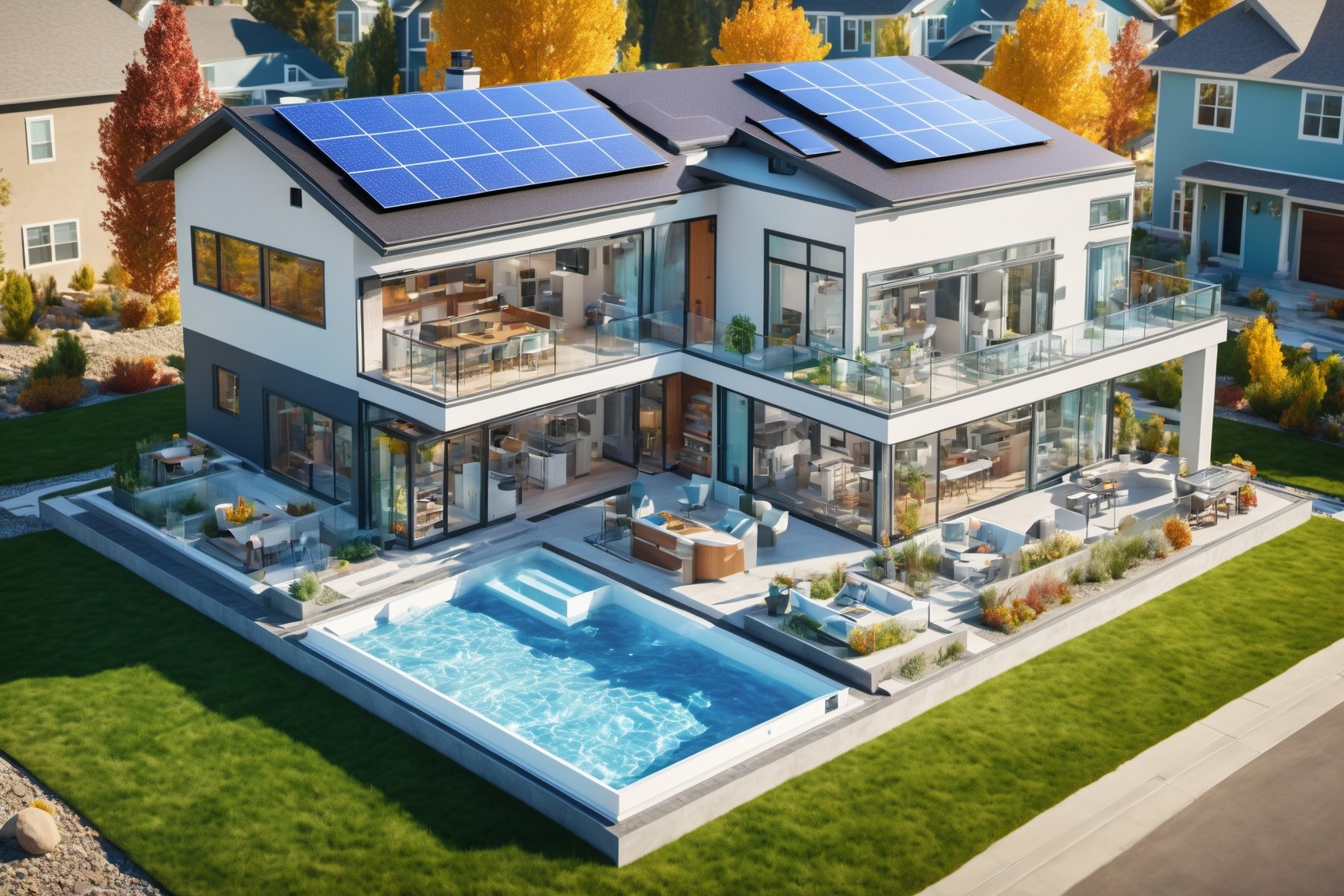 Hyper-realistic Smart House, typical house architecture, many details, classic North American, with transparencies indicating where the intelligent services facilities are, infographic style, ultra-realism, with futuristic calls and lines, with many realistic and intricate details, with solar panels, modern ventilation, smart home, solar panel, water softner, water heater, master flow, professional water filtration, hd, 32K, cinematic lights, 