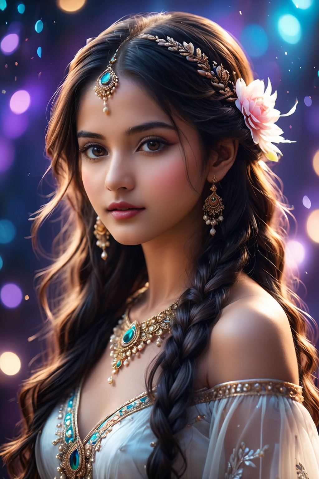 A breathtakingly beautiful 18-year-old girl named Anikha, who is the epitome of elegance and charm. She stands out as the central focus of this ultra-detailed, 8K resolution masterpiece with a perfect score of 9 and a UHD rating of 1.3. Her delicate facial features are captured with a stunning realism that's amplified by a majestic score of 1.5, making her appear as if she's stepped out of a high-definition dream. Her skin glows with a soft blush, perfectly accentuating her detailed, natural beauty. Her eyes, a rich brown, are filled with a blissful vibe, reflecting the cinematic lighting that surrounds her. They are so realistic and sharp that they seem to hold secrets of the universe within them. The exquisite twin braids of her long, shining hair are adorned with a hair ornament that adds an extra touch of elegance to her already flawless look. The background, a canvas of blurred perfection with a score of 1.7 for background blur, showcases an intricate peacock feather design that complements the overall aesthetic without overwhelming the main subject.