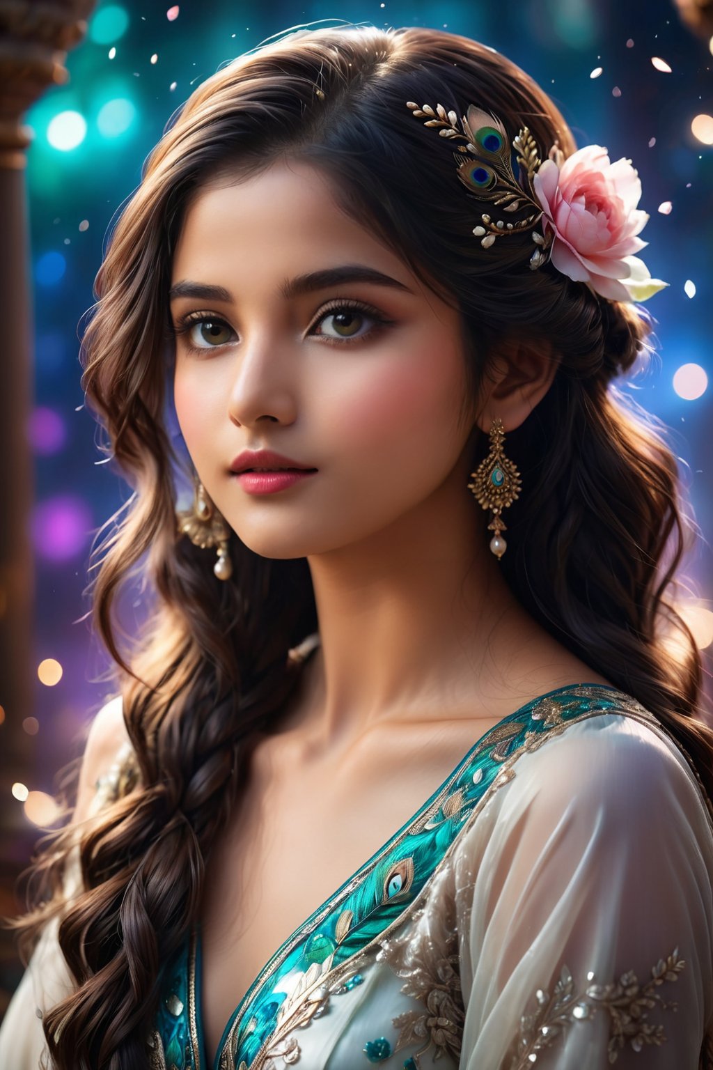 A breathtakingly beautiful 18-year-old girl named Anikha, who is the epitome of elegance and charm. She stands out as the central focus of this ultra-detailed, 8K resolution masterpiece with a perfect score of 9 and a UHD rating of 1.3. Her delicate facial features are captured with a stunning realism that's amplified by a majestic score of 1.5, making her appear as if she's stepped out of a high-definition dream. Her skin glows with a soft blush, perfectly accentuating her detailed, natural beauty. Her eyes, a rich brown, are filled with a blissful vibe, reflecting the cinematic lighting that surrounds her. They are so realistic and sharp that they seem to hold secrets of the universe within them. The exquisite twin braids of her long, shining hair are adorned with a hair ornament that adds an extra touch of elegance to her already flawless look. The background, a canvas of blurred perfection with a score of 1.7 for background blur, showcases an intricate peacock feather design that complements the overall aesthetic without overwhelming the main subject.