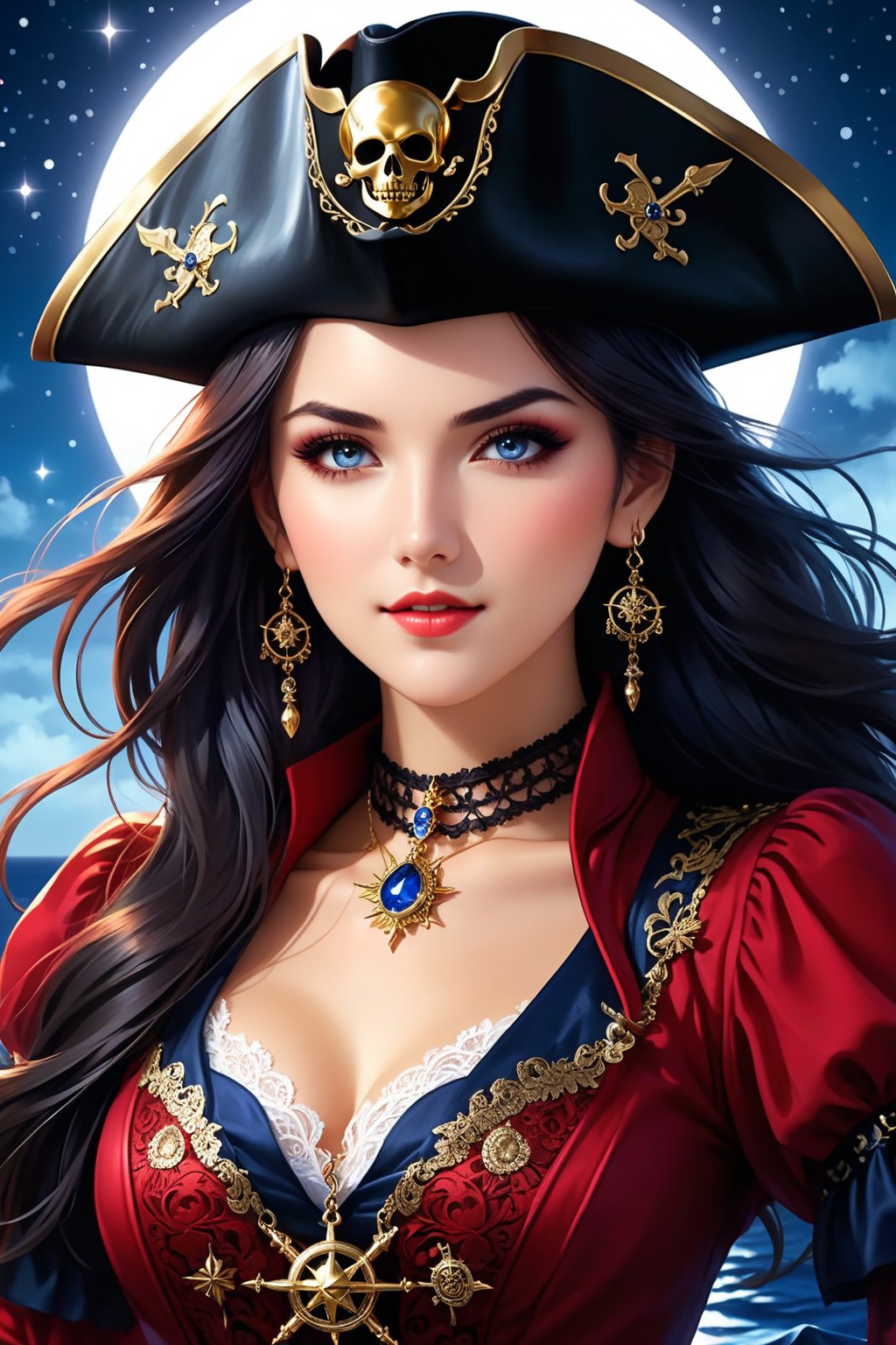 high quality, super realistic, pirate hat, a 20-year-old Pirate Maiden with a celestial beauty rivaling the stars, Picture her poised at the helm of a grand pirate ship, her silhouette defined against the shimmering night sky of a crimson moon, The vessel itself is a maritime masterpiece, adorned with intricate carvings, polished brass embellishments, and an array of mystical symbols, The Scarlet Moonlit Pirate dons a resplendent ensemble blending midnight blues with silvery hues, adorned with delicate lace and glistening gemstones, A star-like pendant gracefully hangs around her neck, emphasizing her bewitching aura, by yukisakura, high detailed,
