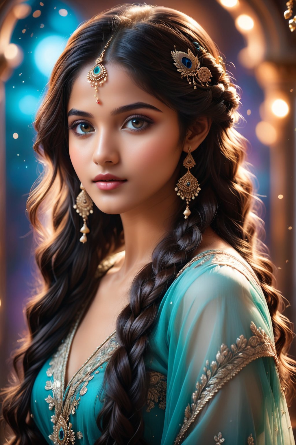 A breathtakingly beautiful 18-year-old girl named Anikha, who is the epitome of elegance and charm. She stands out as the central focus of this ultra-detailed, 8K resolution masterpiece with a perfect score of 9 and a UHD rating of 1.3. Her delicate facial features are captured with a stunning realism that's amplified by a majestic score of 1.5, making her appear as if she's stepped out of a high-definition dream. Her skin glows with a soft blush, perfectly accentuating her detailed, natural beauty. Her eyes, a rich brown, are filled with a blissful vibe, reflecting the cinematic lighting that surrounds her. They are so realistic and sharp that they seem to hold secrets of the universe within them. The exquisite twin braids of her long, shining hair are adorned with a hair ornament that adds an extra touch of elegance to her already flawless look. The background, a canvas of blurred perfection with a score of 1.7 for background blur, showcases an intricate peacock feather design that complements the overall aesthetic without overwhelming the main subject.