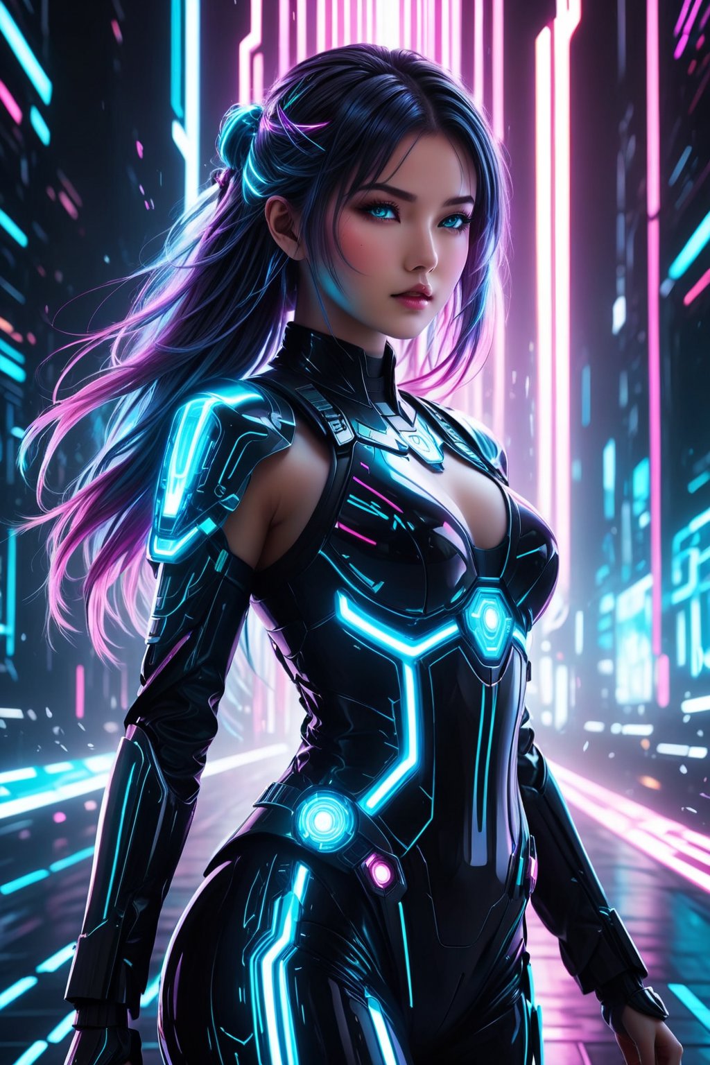 high quality, 8K Ultra HD, full body, have a cyber saber, a mesmerizing 20-year-old woman with a futuristic beauty that seems to transcend time and space, intricately woven into her very being, encased in the cybernetic suit, move with fluidity and precision, Her flowing hair resembles streams of neon lights, casting a vibrant glow that adds a touch of cyberpunk brilliance to her appearance, Each strand of hair is meticulously crafted with holographic patterns that shimmer and shift, creating an ever-changing display of colors, by yukisakura, highly detailed,

