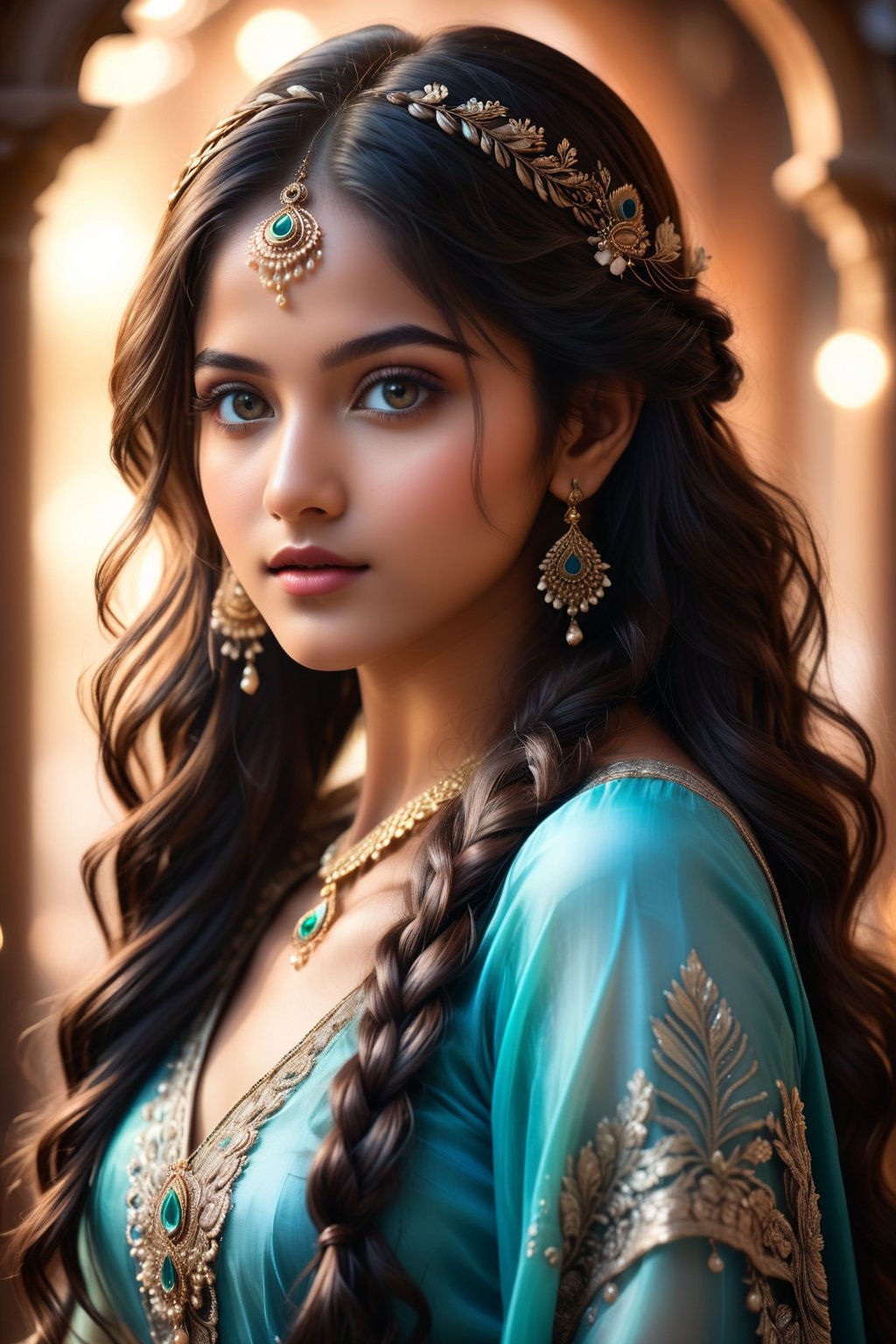 A breathtakingly beautiful 18-year-old girl named Anikha, who is the epitome of elegance and charm. She stands out as the central focus of this ultra-detailed, 8K resolution masterpiece with a perfect score of 9 and a UHD rating of 1.3. Her delicate facial features are captured with a stunning realism that's amplified by a majestic score of 1.5, making her appear as if she's stepped out of a high-definition dream. Her skin glows with a soft blush, perfectly accentuating her detailed, natural beauty. Her eyes, a rich brown, are filled with a blissful vibe, reflecting the cinematic lighting that surrounds her. They are so realistic and sharp that they seem to hold secrets of the universe within them. The exquisite twin braids of her long, shining hair are adorned with a hair ornament that adds an extra touch of elegance to her already flawless look. The background, a canvas of blurred perfection with a score of 1.7 for background blur, showcases an intricate peacock feather design that complements the overall aesthetic without overwhelming the main subject.