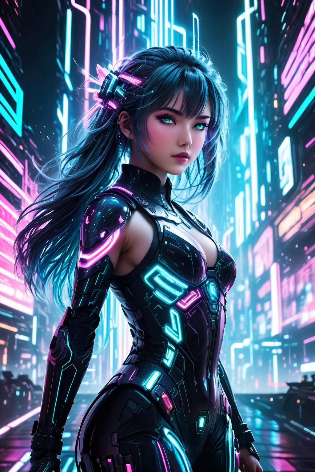 high quality, 8K Ultra HD, full body, have a cyber saber, a mesmerizing 20-year-old woman with a futuristic beauty that seems to transcend time and space, intricately woven into her very being, encased in the cybernetic suit, move with fluidity and precision, Her flowing hair resembles streams of neon lights, casting a vibrant glow that adds a touch of cyberpunk brilliance to her appearance, Each strand of hair is meticulously crafted with holographic patterns that shimmer and shift, creating an ever-changing display of colors, by yukisakura, highly detailed,

