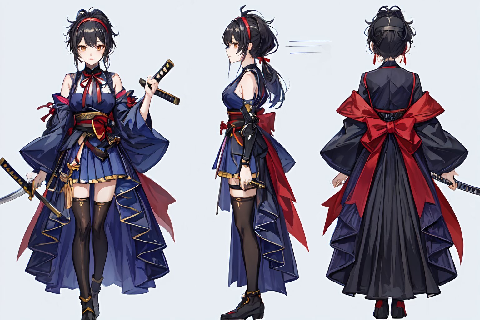 ((1 magical girl, rainbow, an anime character holding a sword up high and wearing a long skirt, 1girl, kawaii,weapon,black hair, solo,deep scarlett eyes, ponytail, long hair,(red ribbon), (katana), ((holding handle of katana)), japanese armor, hakama, holding weapon, leg armor, holding katana, looking at viewer,(hairband with metal-plate),watercolor medium,kawaiitech,girl, (((((chara-sheet))))),chara-sheet,More Detail
