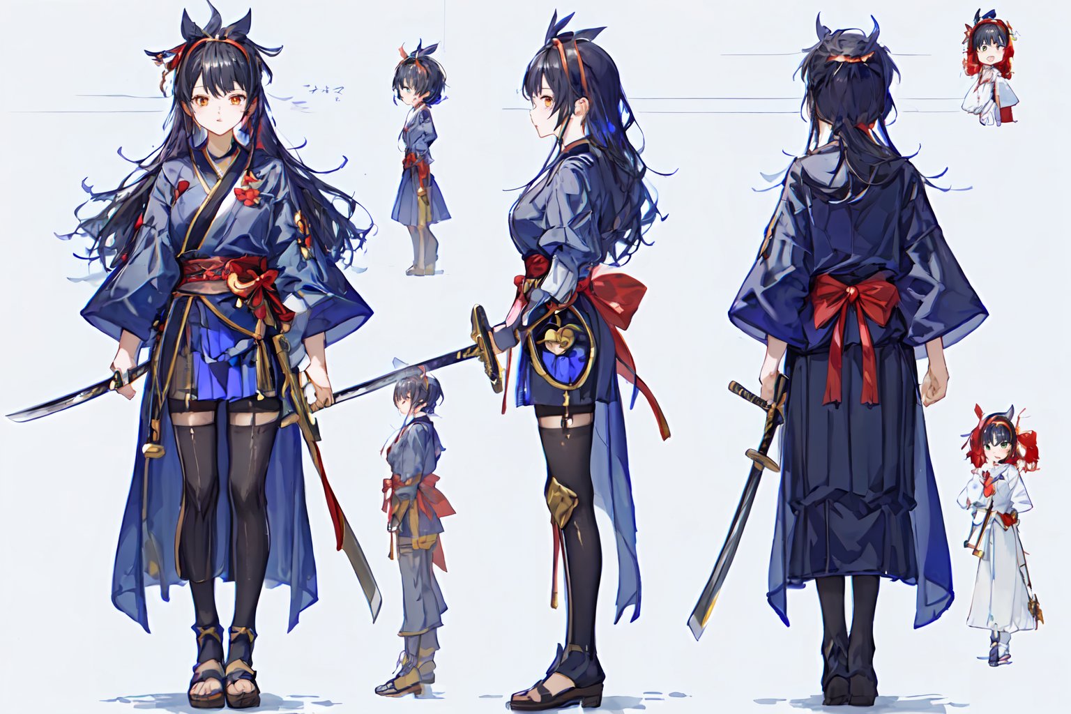 ((1 magical girl, rainbow, an anime character holding a sword up high and wearing a long skirt, 1girl, kawaii,weapon,black hair, solo,deep scarlett eyes, ponytail, long hair,(red ribbon), (katana), ((holding handle of katana)), japanese armor, hakama, holding weapon, leg armor, holding katana, looking at viewer,(hairband with metal-plate),watercolor medium,kawaiitech,girl, (((((chara-sheet))))),chara-sheet,More Detail
