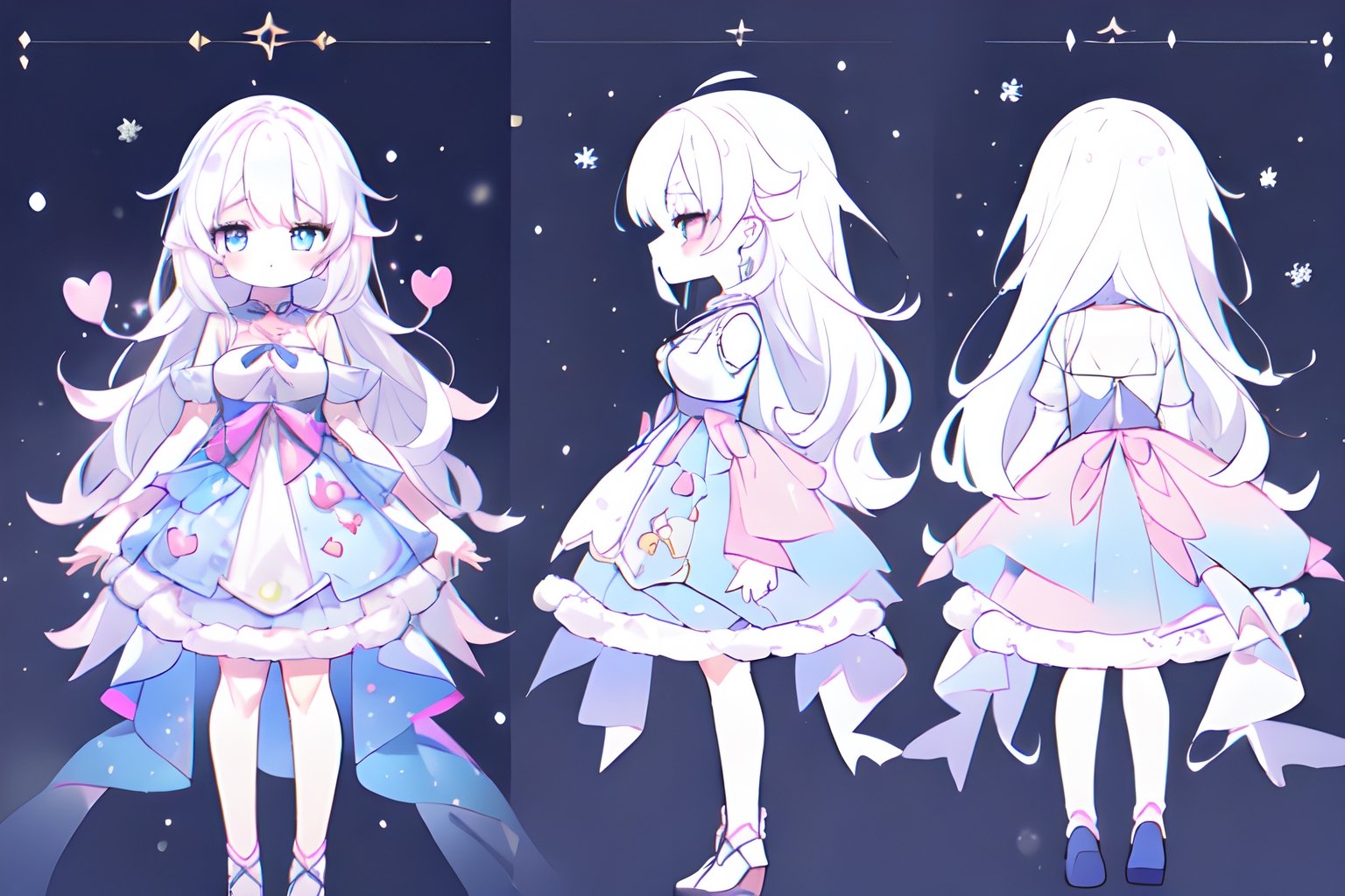 ((magical girl,  white hair,  rainbow eyes,  doll dress,  short dress,  long hair,  small breasts,  pale skin,  soft skin,  colorful snow background,  rainbow,  hearts,  snow,  snowing,  ice,  pastel,  sun)),  (masterpiece,  best quality:1.2),  fluffy,  soft,  light,  bright,  sparkles,  twinkle,  slightly downcast eyes,  cute,  pink,  purple,  crystals,,,,kawaiitech, ((((character sheet)))),loli, (((short legs))), (((((high details)))))