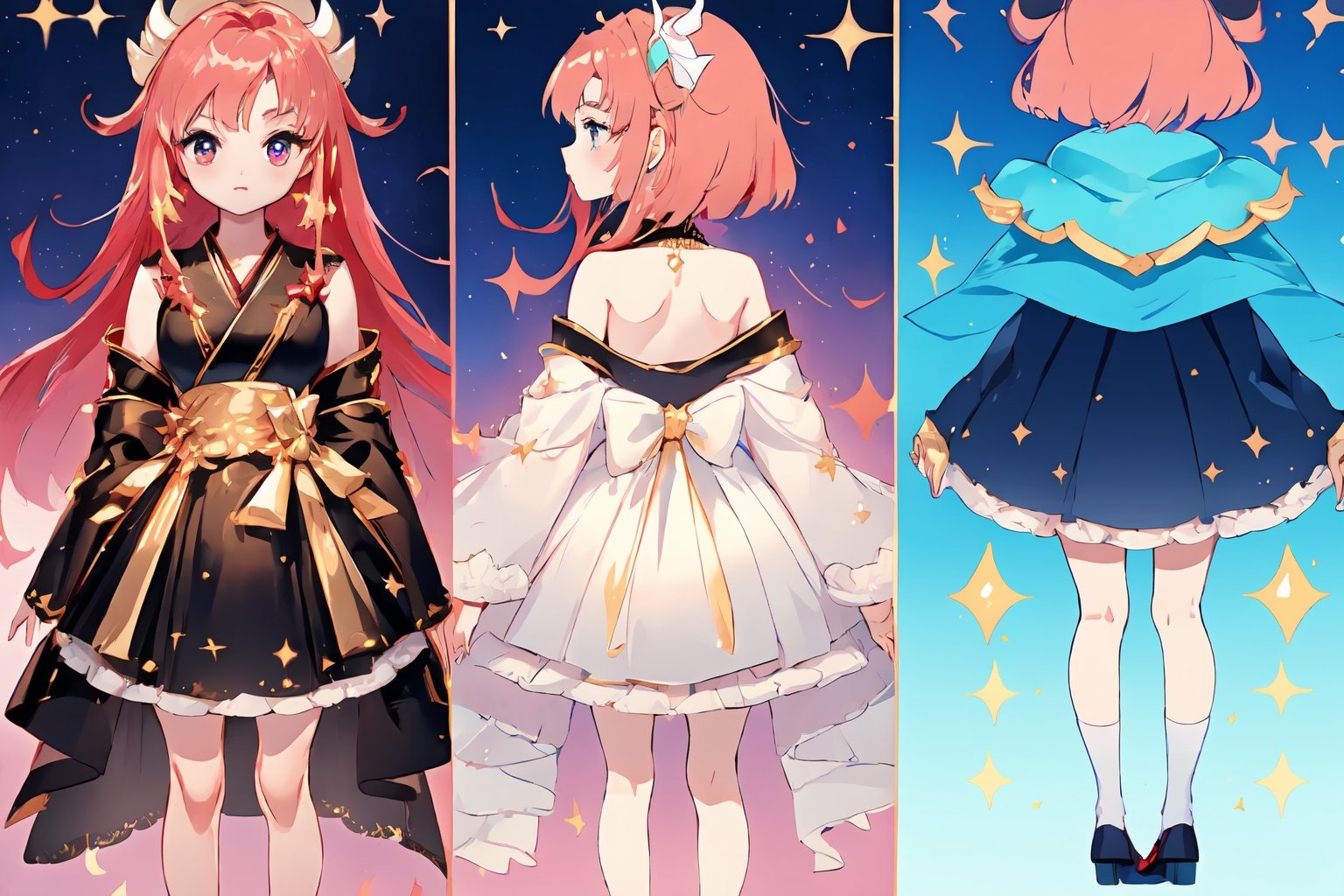 (((((magical girl, crimson hair, medium hair, soft skin, colorful sky background, black kimono with gold trim, moon, fire, swirling fire, stars, shooting stars, holding flute))))), (((((left eye red))))), (((((right eye sky blue))))), ((((heterochromia)))), (masterpiece, best quality:1.2), fluffy, soft, light, bright, sparkles, twinkle, slightly downcast eyes, cute, (crystals), masterpiece, best quality, extremely detailed, Female profile, Delicate features, High resolution, cleavage cutout, large_boobs, ((full_body)),(masterpiece,  best quality:1.2),  fluffy,  soft,  light,  bright,  sparkles,  twinkle,  slightly downcast eyes,  cute,  pink,  purple,  crystals,,,,kawaiitech, ((((character sheet)))),(((((chibi, loli,lolita))))), ((((small legs, chibi legs, short legs)))),,(((Kanna Kamui)))