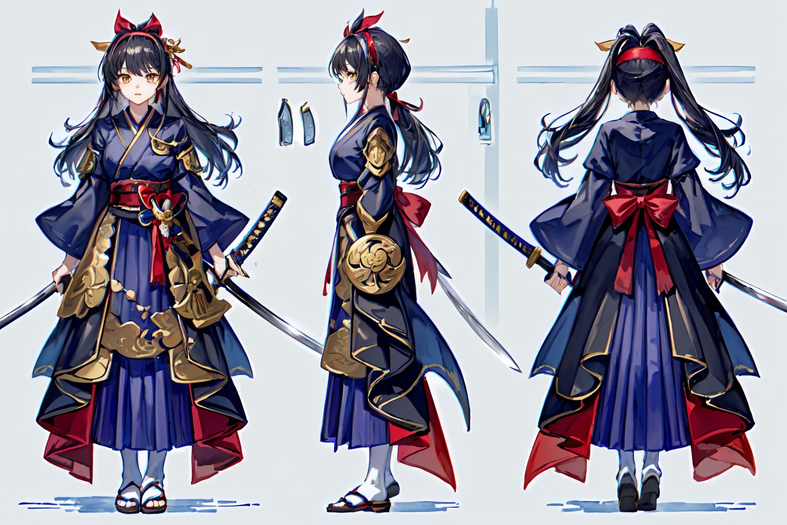 ((1 magical girl, rainbow, an anime character holding a sword up high and wearing a long skirt, 1girl, kawaii,weapon,black hair, solo,deep scarlett eyes, ponytail, long hair,(red ribbon), (katana), ((holding handle of katana)), japanese armor, hakama, holding weapon, leg armor, holding katana, looking at viewer,(hairband with metal-plate),watercolor medium,kawaiitech,girl, (((((chara-sheet))))),chara-sheet,More Detail
