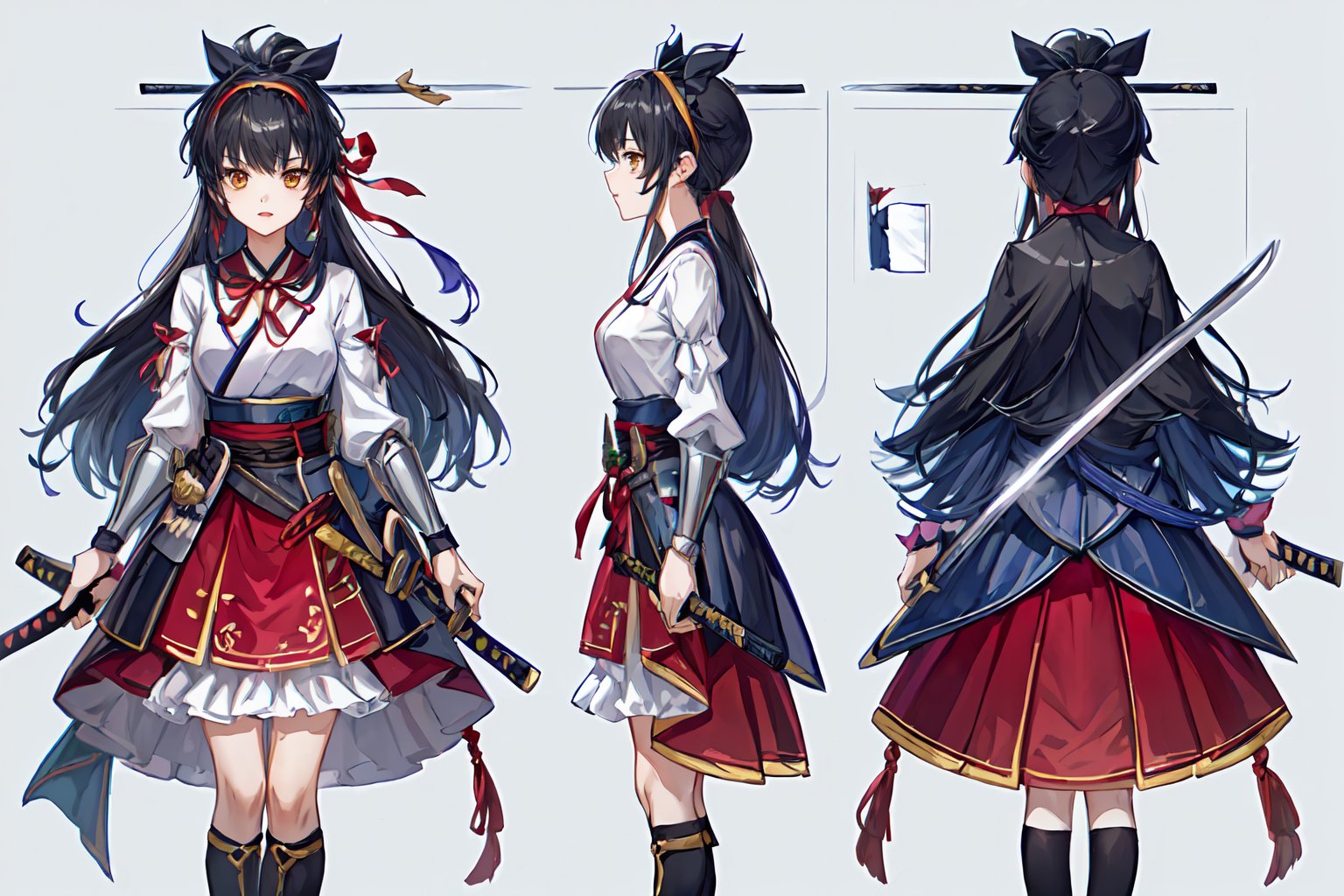 ((1 magical girl, rainbow, an anime character holding a sword up high and wearing a long skirt, 1girl, kawaii,weapon,black hair, solo,deep scarlett eyes, ponytail, long hair,(red ribbon), (katana), ((holding handle of katana)), japanese armor, hakama, holding weapon, leg armor, holding katana, looking at viewer,(hairband with metal-plate),watercolor medium,kawaiitech,girl, (((((chara-sheet))))),chara-sheet,More Detail
