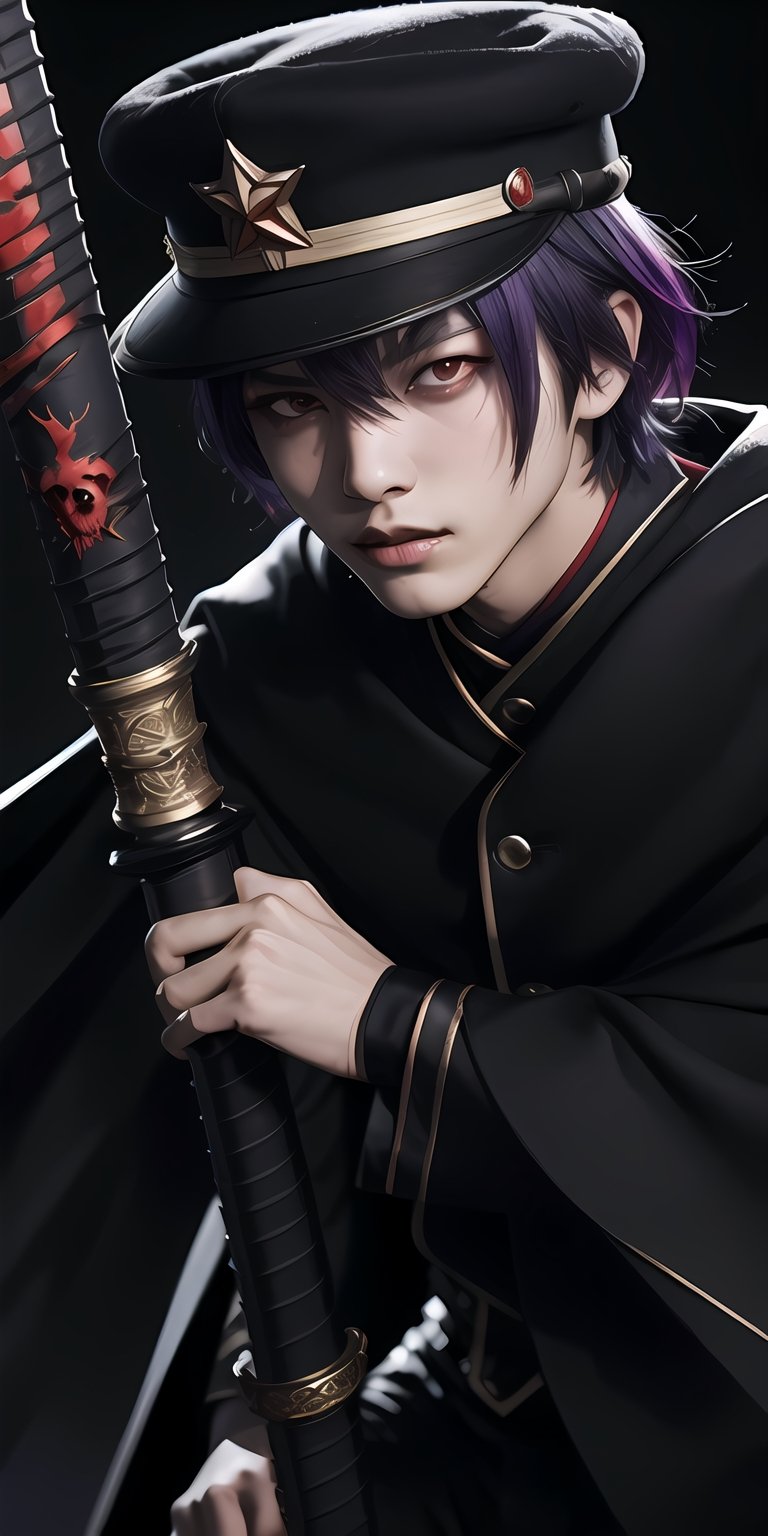 masterpiece, best quality, Looking at viewer, male_focus, 1boy,  short hair,
,Yomi,Purple hair,Red eyes,hat, monster,  (((horror))),  military uniform,katana,weapon, black cape, black_background, japanese_boy, red eyes, black shirt, black pants, close-up, steam, 