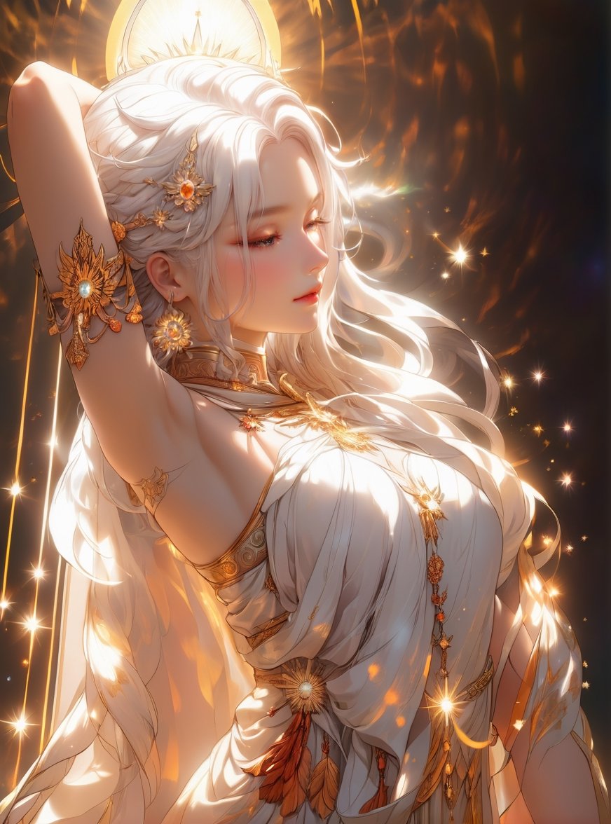 a close up of a woman with white hair flame head, portrait of queen of light, extremely detailed goddess shot, goddess art, npc with a saint\'s halo, by Hidari Jingorō, goddess portrait, goddess of light, angelic halo, epically luminous image, npc with a saint's halo, celestial aura, bright divine lighting, Goddess of life