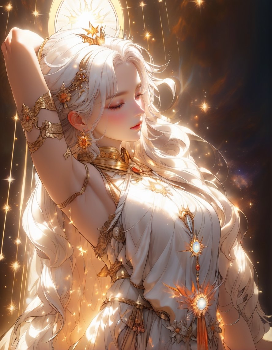 a close up of a woman with white hair flame head, portrait of queen of light, extremely detailed goddess shot, goddess art, npc with a saint\'s halo, by Hidari Jingorō, goddess portrait, goddess of light, angelic halo, epically luminous image, npc with a saint's halo, celestial aura, bright divine lighting, Goddess of life