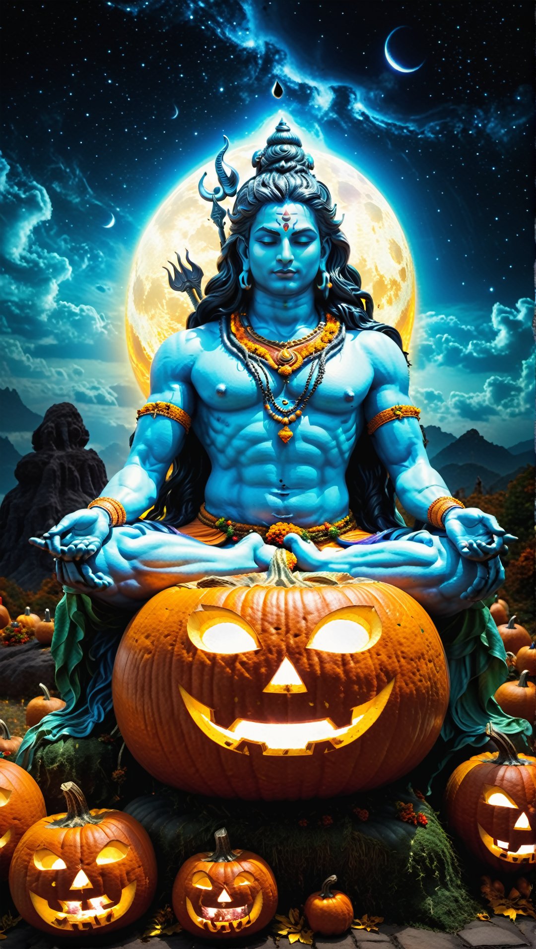 A lost but calm attitude Hindu god lord shiva on a meditating on pumpkin planet surrounded by monstrous scared holloween mystic cosmic aura on vibrant glowing pumpkin. and the planet dresses skies and landscapes in Black blue yellow green purple, Neon red and Neon Silver colors, helloween theme, pumpkins, pumpkin, giant and perfect lord Shiva the destroyer, ultra realistic details, ki