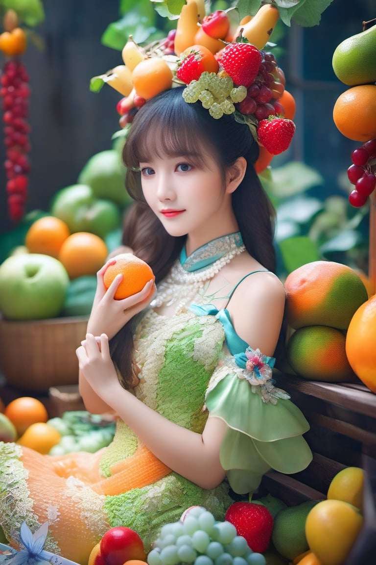 Fruit gown, Jacky Chan china, photography,  hyper detailed, trending on artstation, sharp focus, studio photo, intricate details, highly detailed,detailed face, detailed, (ultra hd,) . ,CtFruitsRedmAF,cutegirlmix