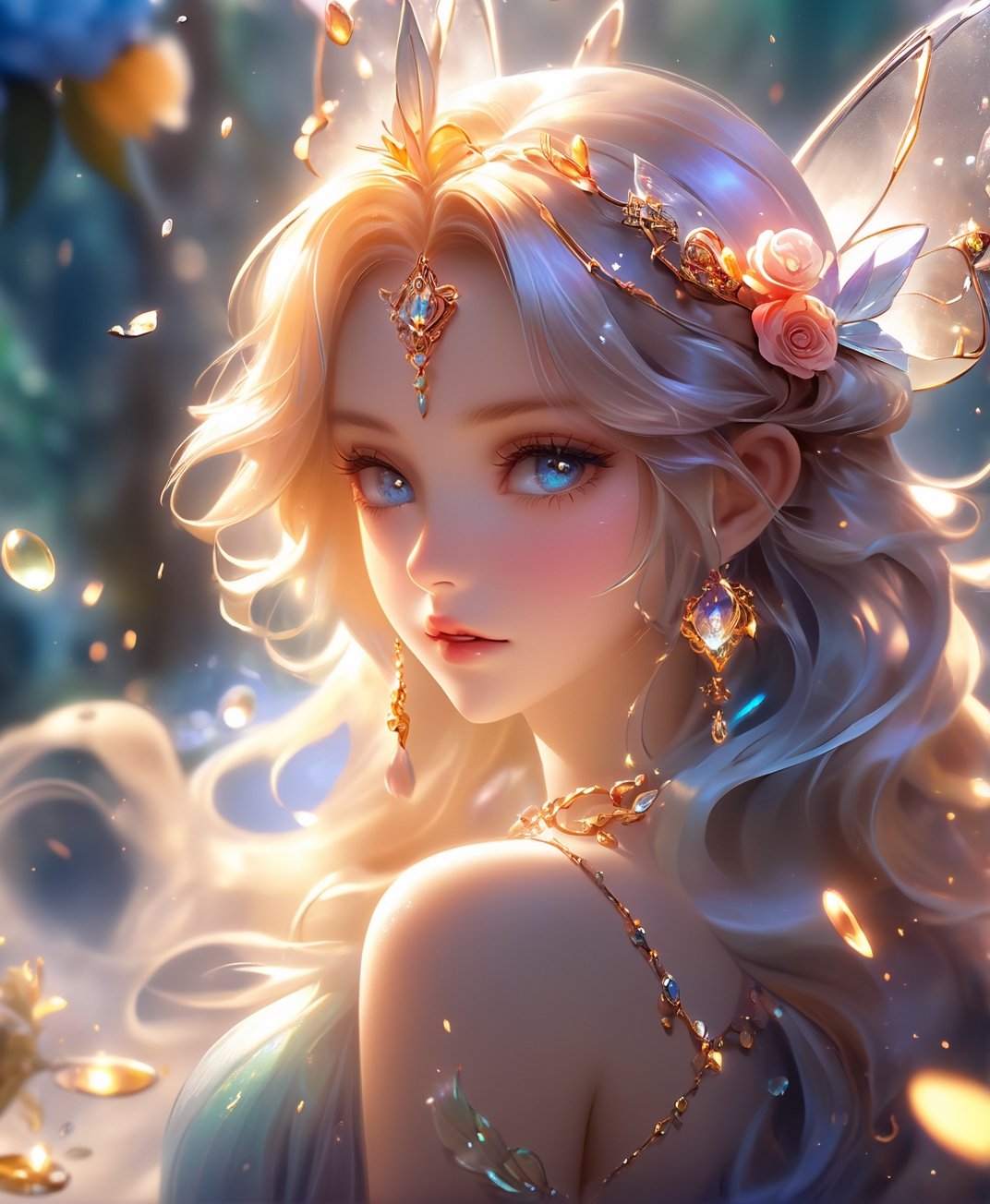 (beautiful fairy portrait), (iridescent wings) (masterpiece, with cupcakes best quality, ultra-detailed, best shadow), (detailed background, high fantasy), (beautiful detailed face), high contrast, (best illumination, an extremely delicate and beautiful), (fantasy dress), ((cinematic light)), colorful, hyper detail, dramatic light, intricate details, (blowing hair, sharp face, amber eyes, hair between eyes, dynamic angle), blood splatter, swirling light around the character, depth of field, light particles,(broken glass),magic circle, (full body), Spirit fantasy Pendant, Beautiful Eyes,niji-5