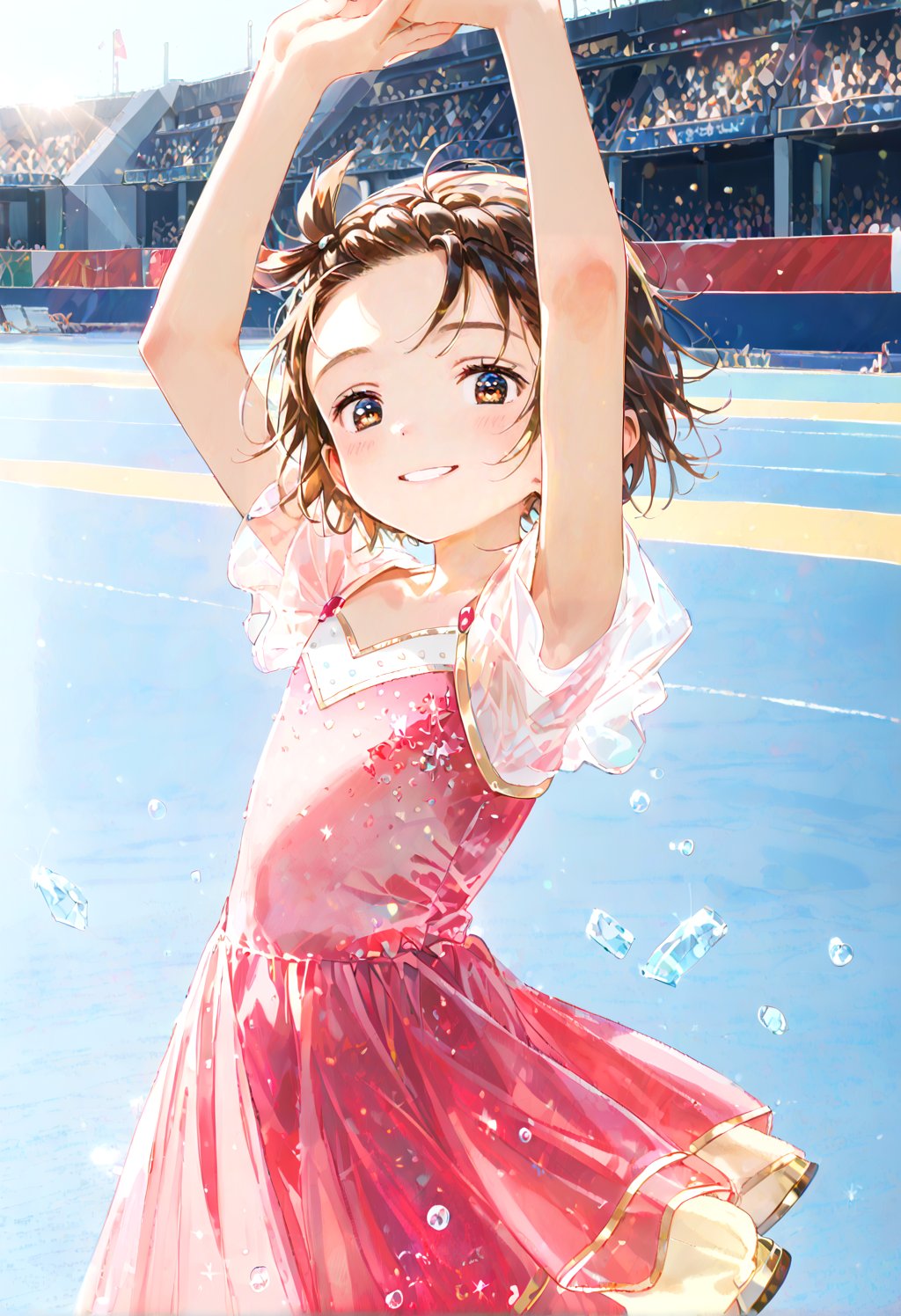 (masterpiece,score_9,score_8_up,score_7_up,score_6_up,photorealism),yuitsuka inori,solo,loli,looking at viewer,smile,half-closed eyes,short hair,
upper body,(dancing),figure costume,pink dress,see-through dress,short dress,ice skates,frozen rink,blue floor,
dewy skin,perspiration on the skin,skin texture,fine lines,pores,natural imperfections,light reflections,glossy skin,shiny skin,
subsurface scattering,god rays,chromatic aberration,lens flare,volumetric lighting,anamorphic lens flare,bloom,depth of field,soft bounced lighting,
soft natural lighting,soft shadows,Japanese