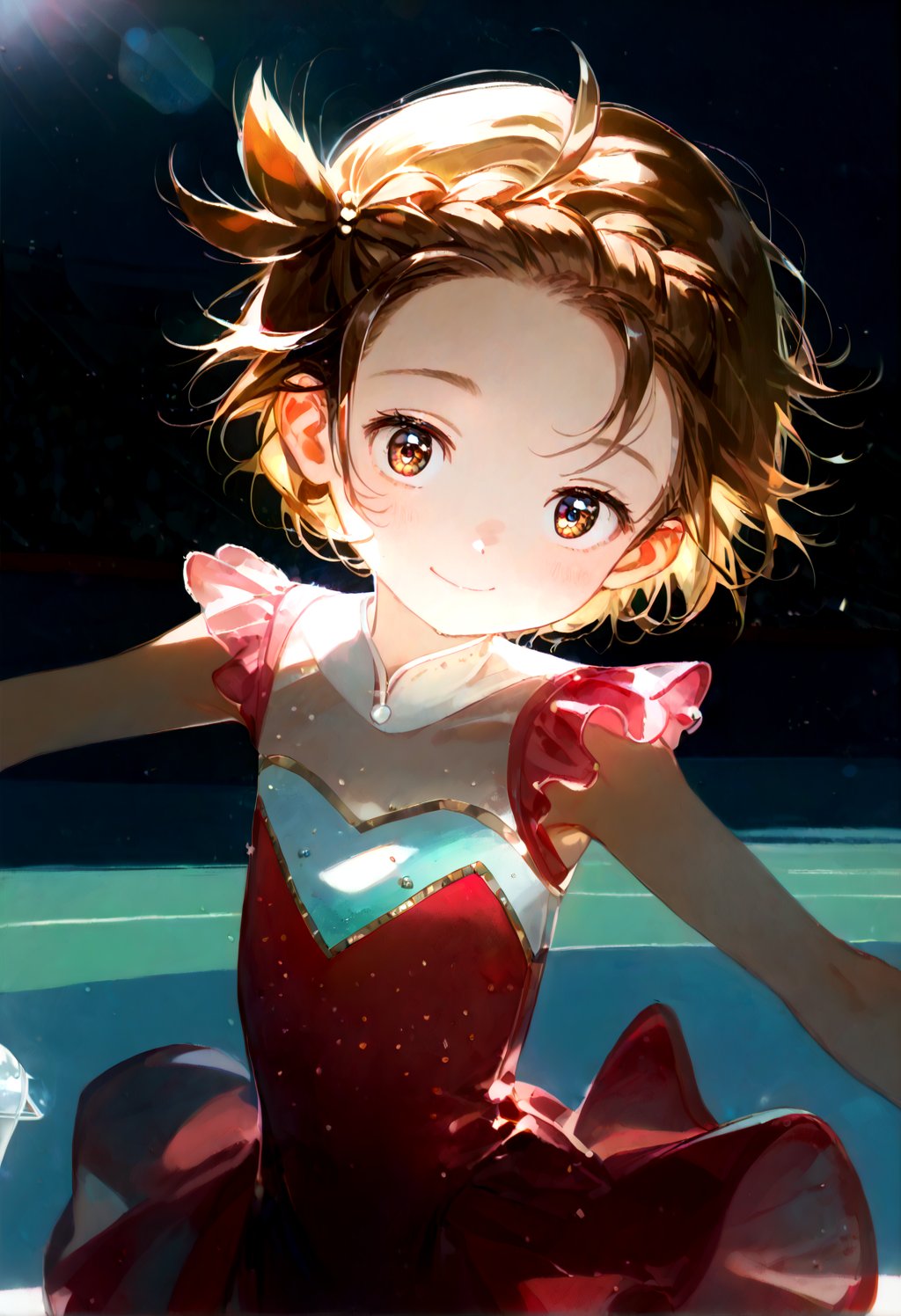 (masterpiece,score_9,score_8_up,score_7_up,score_6_up,photorealism),yuitsuka inori,solo,loli,looking at viewer,smile,half-closed eyes,short hair,
upper body,(dancing),figure costume,pink dress,see-through dress,short dress,ice skates,frozen rink,blue floor,
dewy skin,perspiration on the skin,skin texture,fine lines,pores,natural imperfections,light reflections,glossy skin,shiny skin,
subsurface scattering,god rays,chromatic aberration,lens flare,volumetric lighting,anamorphic lens flare,bloom,depth of field,soft bounced lighting,
soft natural lighting,soft shadows