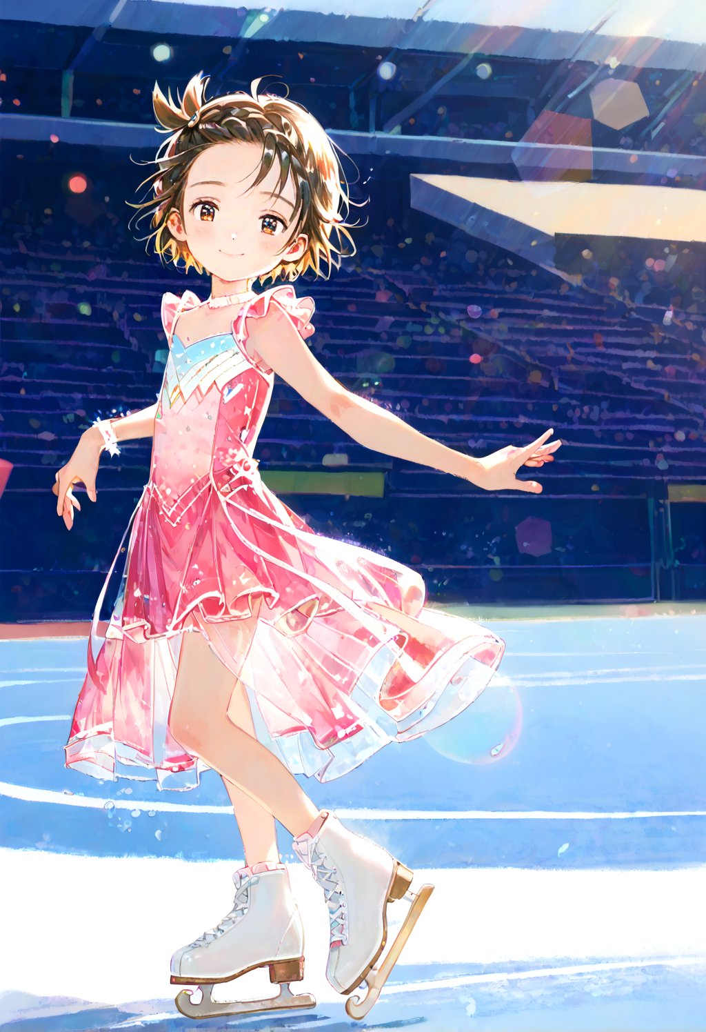 (masterpiece,score_9,score_8_up,score_7_up,score_6_up,photorealism),yuitsuka inori,solo,loli,looking at viewer,smile,half-closed eyes,short hair,
upper body,(dancing),figure costume,pink dress,see-through dress,short dress,ice skates,frozen rink,blue floor,
dewy skin,perspiration on the skin,skin texture,fine lines,pores,natural imperfections,light reflections,glossy skin,shiny skin,
subsurface scattering,god rays,chromatic aberration,lens flare,volumetric lighting,anamorphic lens flare,bloom,depth of field,soft bounced lighting,
soft natural lighting,soft shadows,Japanese