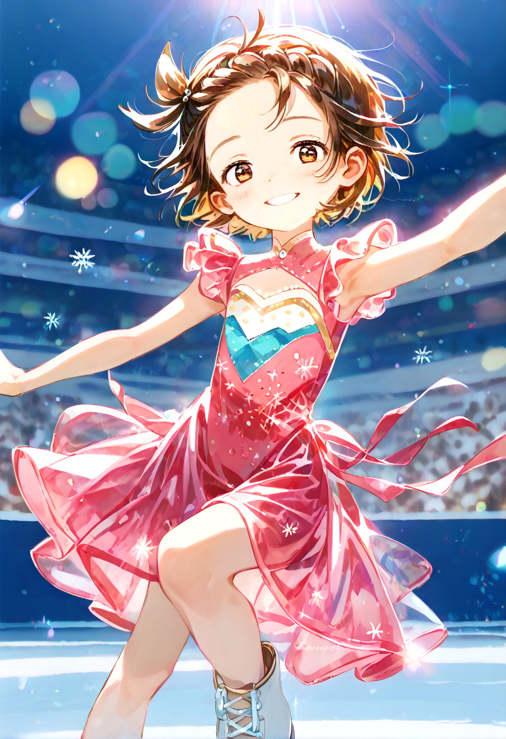 (masterpiece,score_9,score_8_up,score_7_up,score_6_up,photorealism),yuitsuka inori,solo,loli,looking at viewer,smile,half-closed eyes,short hair,
upper body,(dancing),figure costume,pink dress,see-through dress,short dress,ice skates,frozen rink,blue floor,
dewy skin,perspiration on the skin,skin texture,fine lines,pores,natural imperfections,light reflections,glossy skin,shiny skin,
subsurface scattering,god rays,chromatic aberration,lens flare,volumetric lighting,anamorphic lens flare,bloom,depth of field,soft bounced lighting,
soft natural lighting,soft shadows