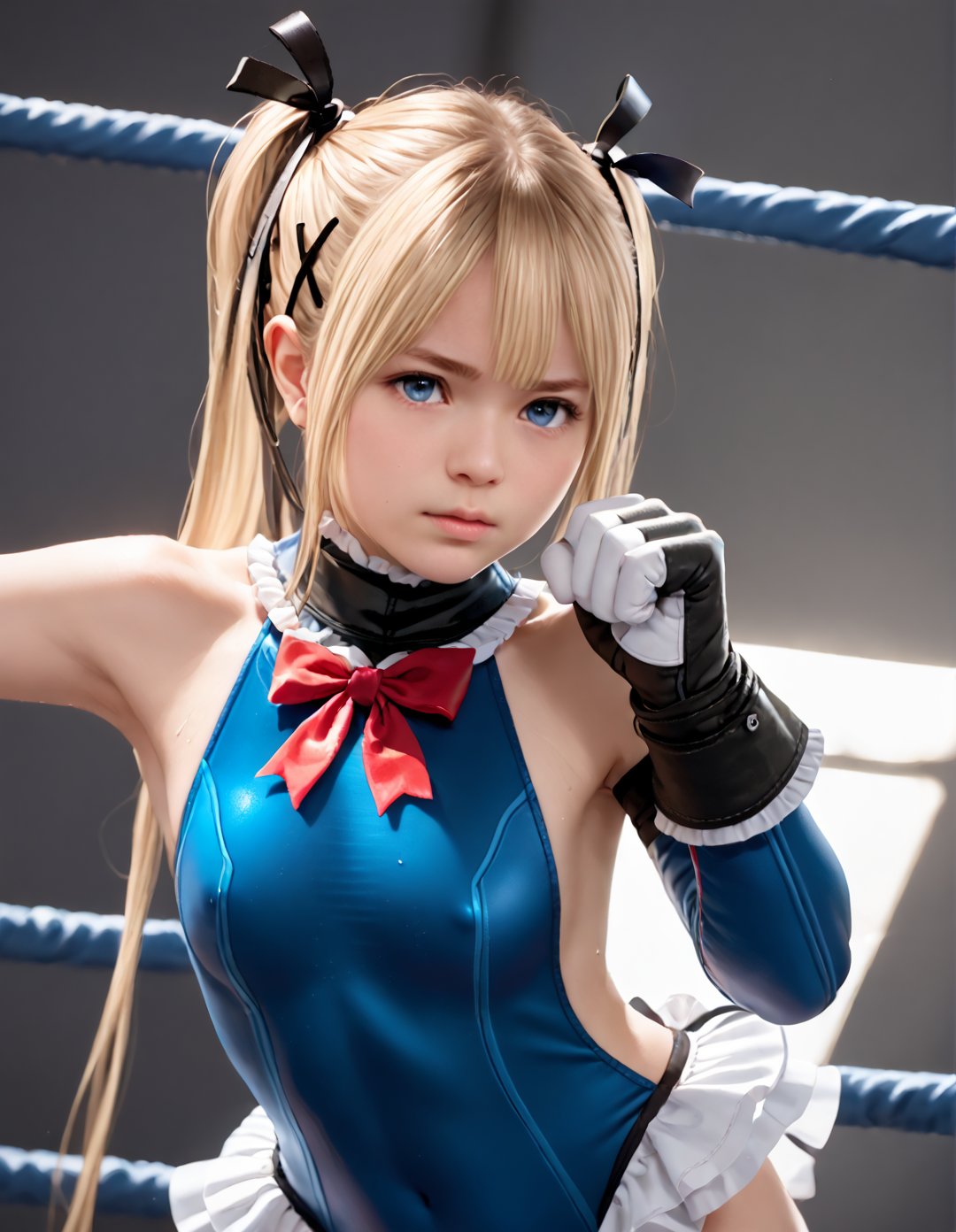 (masterpiece,score_9,score_8_up,score_7_up,score_6_up),solo,(fyx,loli,female child,flat chest),embarrassed,(blue eyes,eye reflection,kicking,sweat),nipple outline,camel toe,fighting ring,
cinematic lighting,marie rose,doamarie,(frilled choker,red bowtie,blue one-piece swimsuit,frilled swimsuit,metallic swimsuit,blue sleeves,detached sleeves,gloves,blue thighhighs,frilled thighhighs)