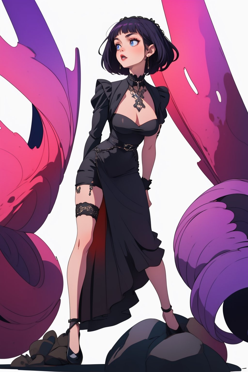 (high resolution), (8K), (extremely detailed), (4k), best quality, ((masterpiece, best quality)), ((((dull colors)))), expressive eyes, perfect face, ((1woman)), ((goth woman)), ((black dress)), (black and purple bangs hair), (((white background))), ((no background))