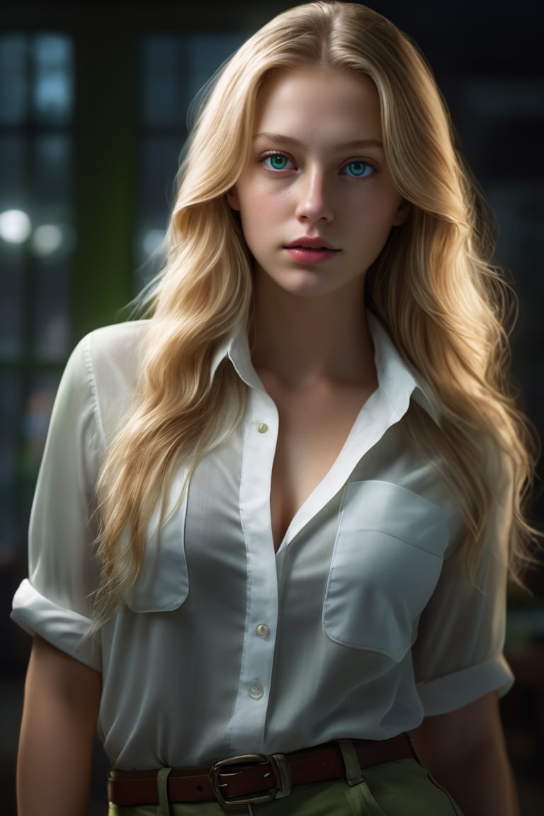 masterpiece, best quality, photorealistic, raw photo, 1 girl, long hair, blonde hair, large breasts and hips, green eyes, collared blouse, detailed white skin, pore, depth of field, in the dark, 