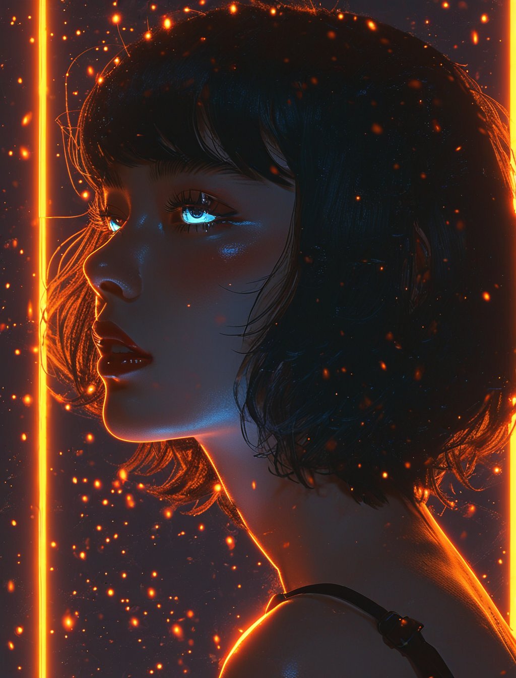 Vaporwave, 2d anime art illustratuon, moxin, ink splatters and bold brush lines, dark silhouette of a woman in a pitch black void, orange rim lighting gradually changing into red room lighting, eyes glowing with cold blue light, rising smoke, fever dream, chrome skin, volumetric lighting, subsurface scattering, godrays, frosted particles