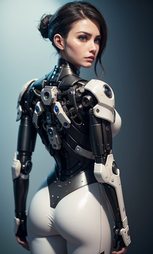 A cyborg woman in a white exosuit, standing with her back to the viewer, showing off her intricate mechanical body, with a hint of sadness in her eyes.  [digital art, cyberpunk, realistic], [Greg Rutkowski,  Simon Stålenhag], [3D render,  detailed textures,  metallic sheen,  soft lighting,  dark background,  focus on the exosuit]