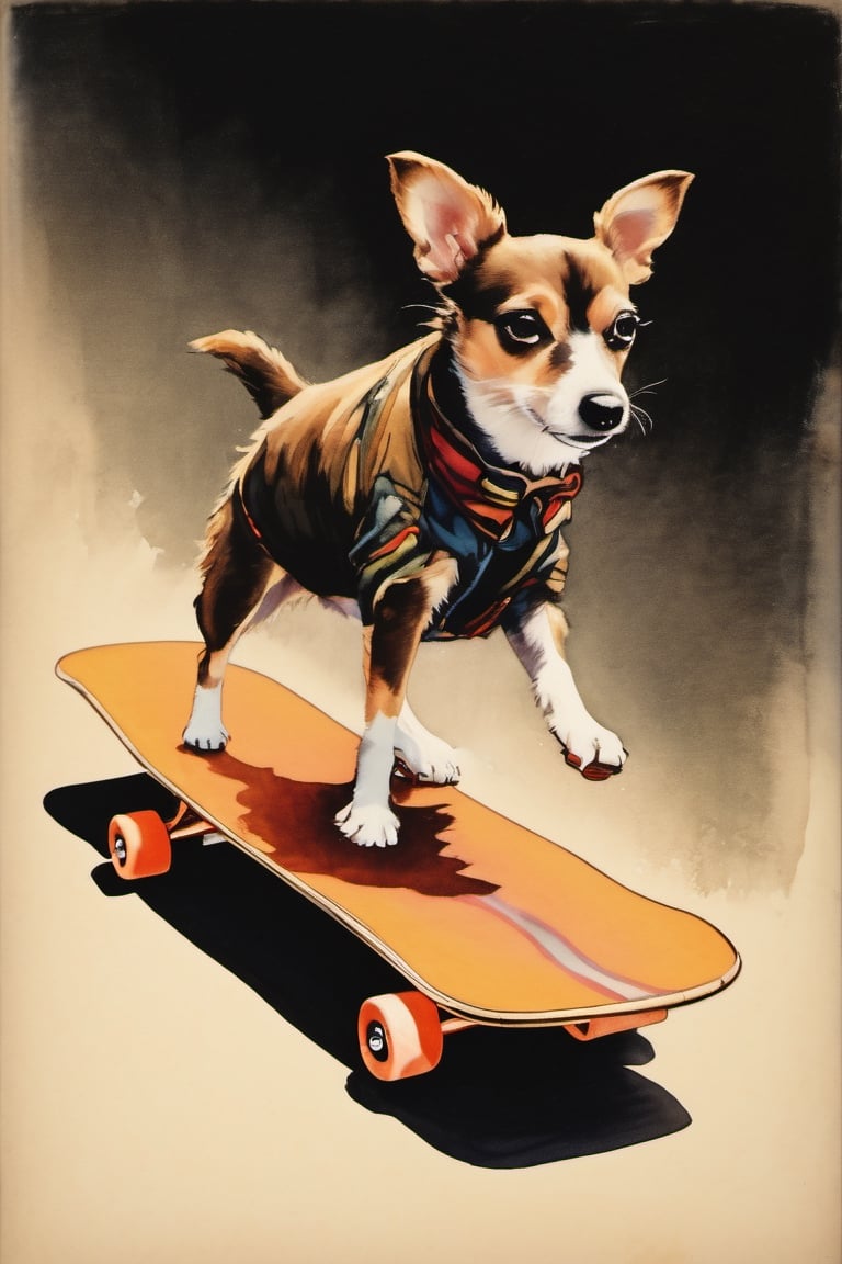 frontside boardslide, skateboarding tricks, dog wearing shoes, dog wearing a jacket, dog standing on skateboard, ollie, basic ollie, standing, vignette the side frame, dark black background, feathered edges, gradual darkening effect of the side frame, vignette the side frame, high_res, high_resolution, highres