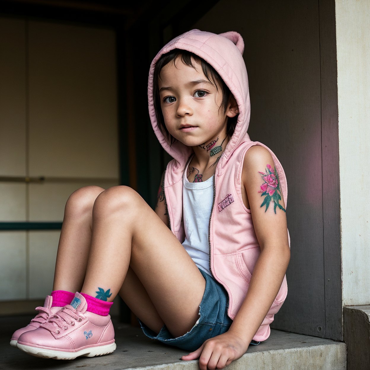 Boy in a PINK VEST with a hood walkingtattoo,,realism,realistic,raw,analog,,portrait,photorealistic,, 
(((LITTLE KIDS))),  (TheLastOfUs:1), skinny body ,,, ,  ,SITTING, ,realism art,  HAPPY MOMENT, , FULL BODY, 
AS BALCONY, AS PRISONNER, ,  NO LIGHT, 

