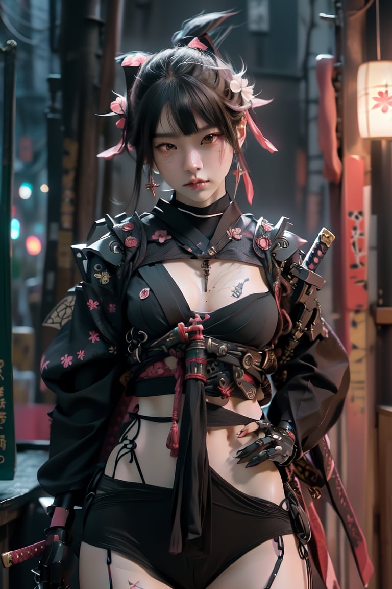 Samurai, (masterpiece, best quality: 1.3), extremely detailed, intricate, 8k, HDR, female, samurai kimono, pink and black, cyborg, pale face, accessories, necklace, red oni mask