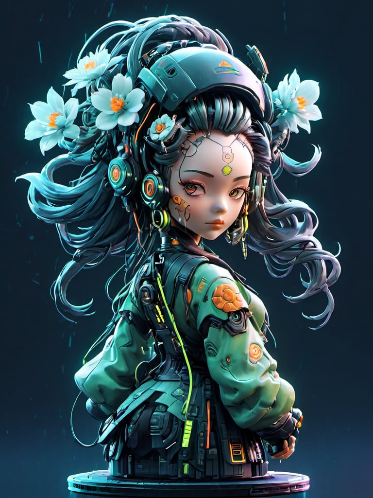 a woman with a flower in her hair , cyberpunk style 