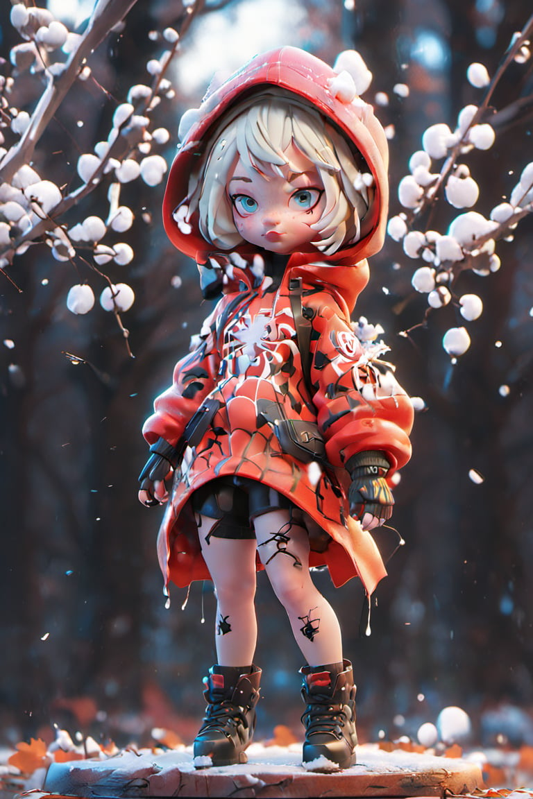 spiderverse style, 1 girl, solo, blonde hair, tree, blue eyes, bodysuit, short hair, snow, looking at viewer, forest, autumn leaves, nature, asymmetrical hair, winter, web print, black color with red, hoodie , upper body, lips, superhero, outdoors, undercut, fall, , piercing, leaf, ((masterpiece))