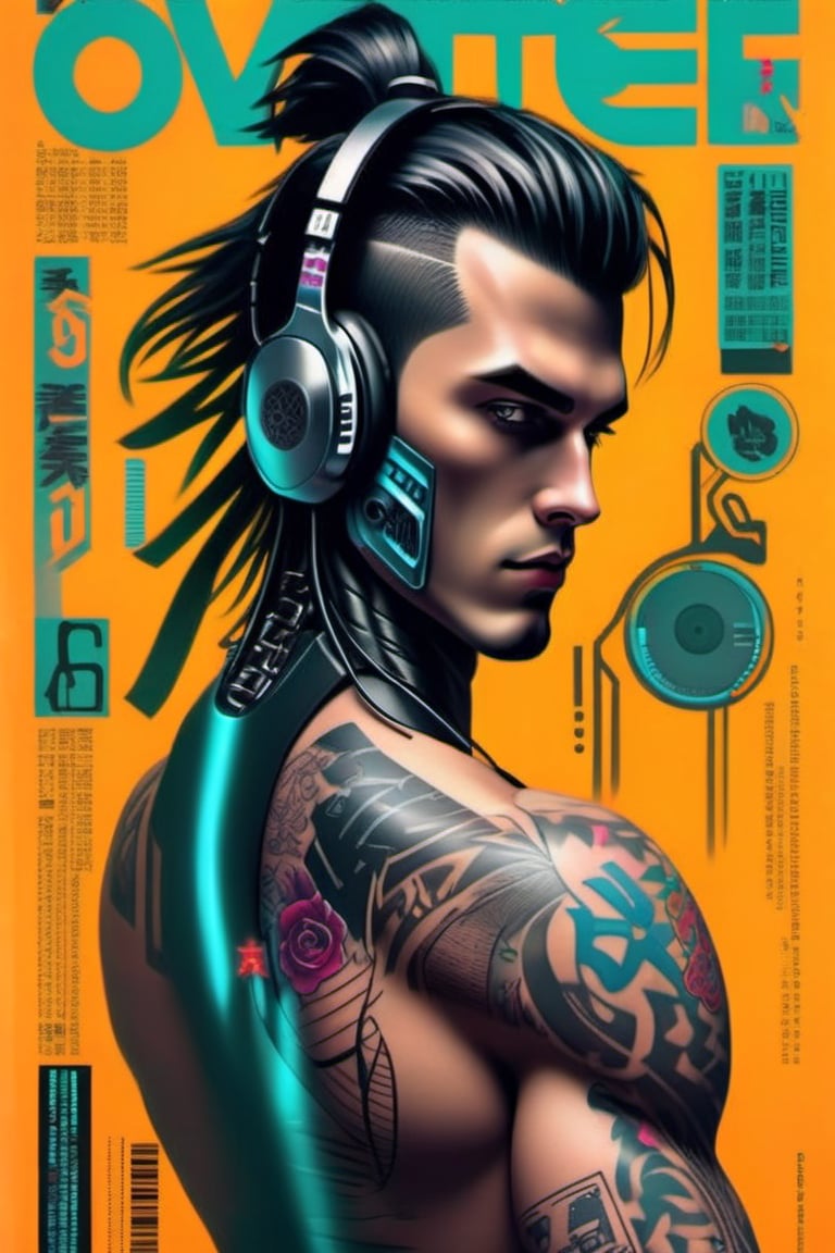 a cyberpunk magazine cover,  ((fashion cover, a nice cyber boy on it, with headphones, hair combed back, with a tattoo on his cheek))
