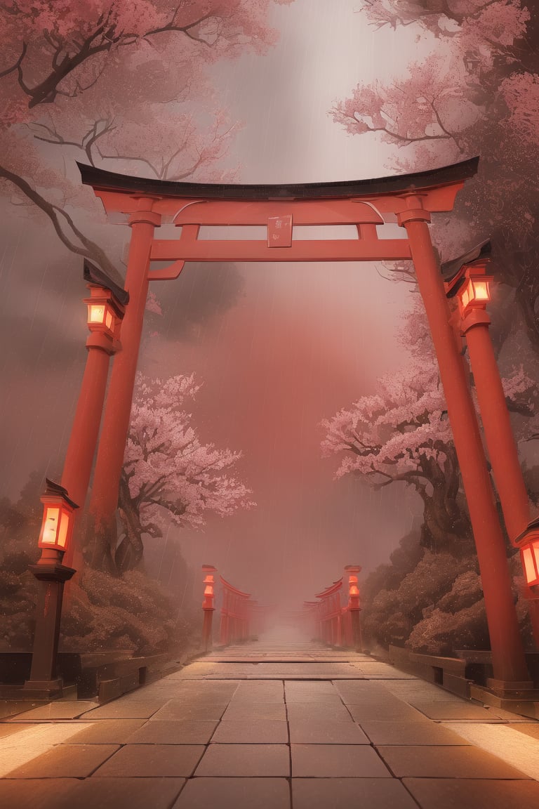 (highly detailed:1.3), , outdoors, torii red,  raining, sakura tree, with lightning in the background,  Ultra-detail, (highres:1.1), best quality, (masterpiece:1.3), cinematic lighting, 4k