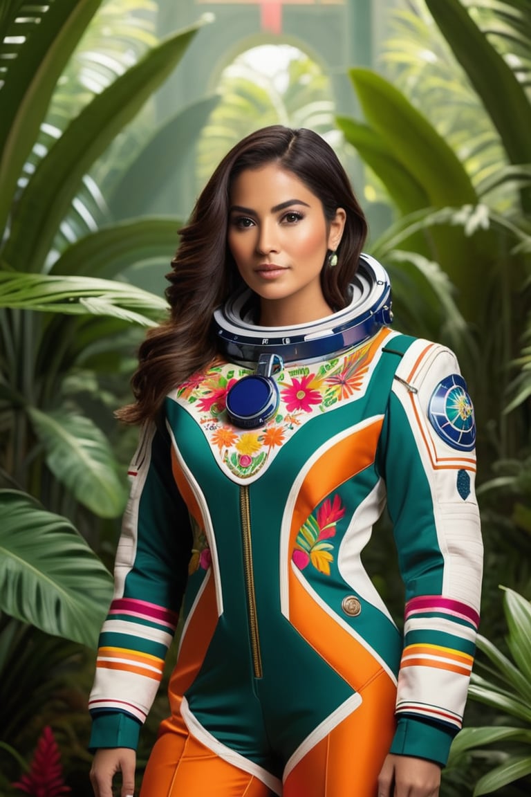 Position the Mexican female astronaut at the center of the design, standing confidently in her spacesuit.
Surround her with an otherworldly Venusian jungle landscape, characterized by exotic plants, vibrant colors, and mysterious flora.
Design the astronaut's spacesuit to be both functional and aesthetically pleasing, with a fusion of modern technology and cultural elements.
Incorporate traditional Mexican patterns or motifs onto the suit to represent her heritage.