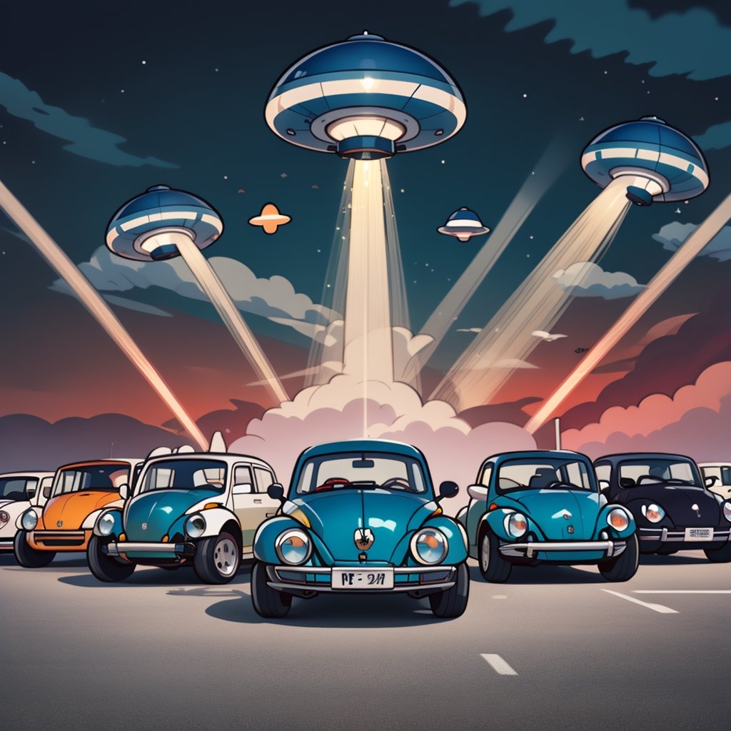 a dusk sky with 25 flying saucers. Beams of light emanating from each saucer, with silhouettes of a plethora of 2010 new beetle cars in the foreground, background roswell, nm



