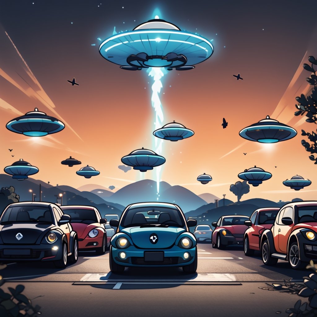 a dusk sky with 25 flying saucers. Beams of light emanating from each saucer, with silhouettes of a plethora of 2010 new beetle cars in the foreground, background roswell, nm



