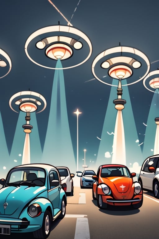 a dusk sky with 25 flying saucers. Beams of light emanating from each saucer, with silhouettes of a plethora of 2010 new beetle cars in the foreground, background roswell, nm



