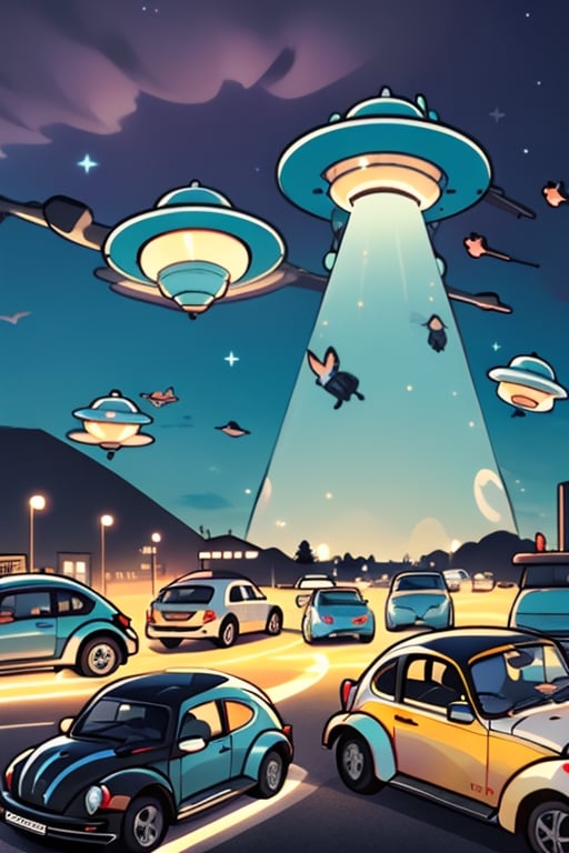 a dusk sky with 25 flying saucers. Beams of light emanating from each saucer, with silhouettes of a plethora of 2010 new beetle cars in the foreground, background roswell, nm



