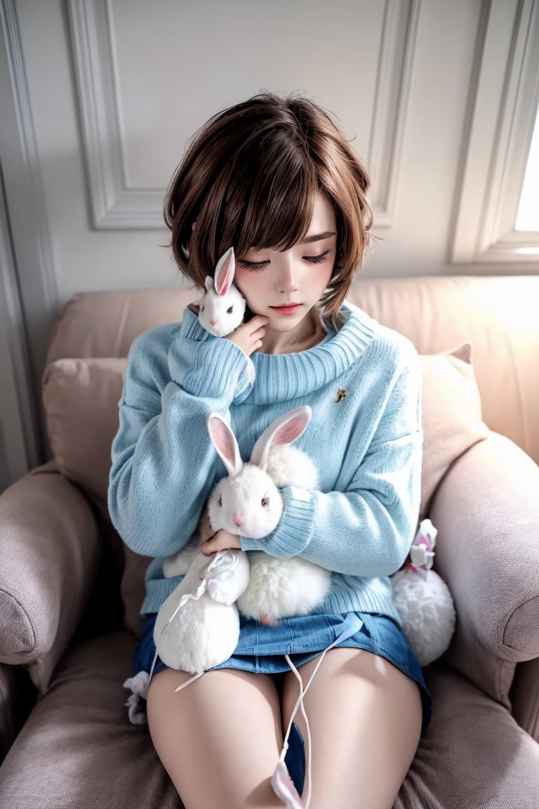 masterpiece,Best Quality, High Quality, Sharp Picture Quality, Perfect Beauty,solo,light_brown_hair , short-hair, Blue hair fastening,,sit deeply in a sofa,White loose sweater, mini skirt,((sleeping)),(hugging a stuffed rabbit),VDS