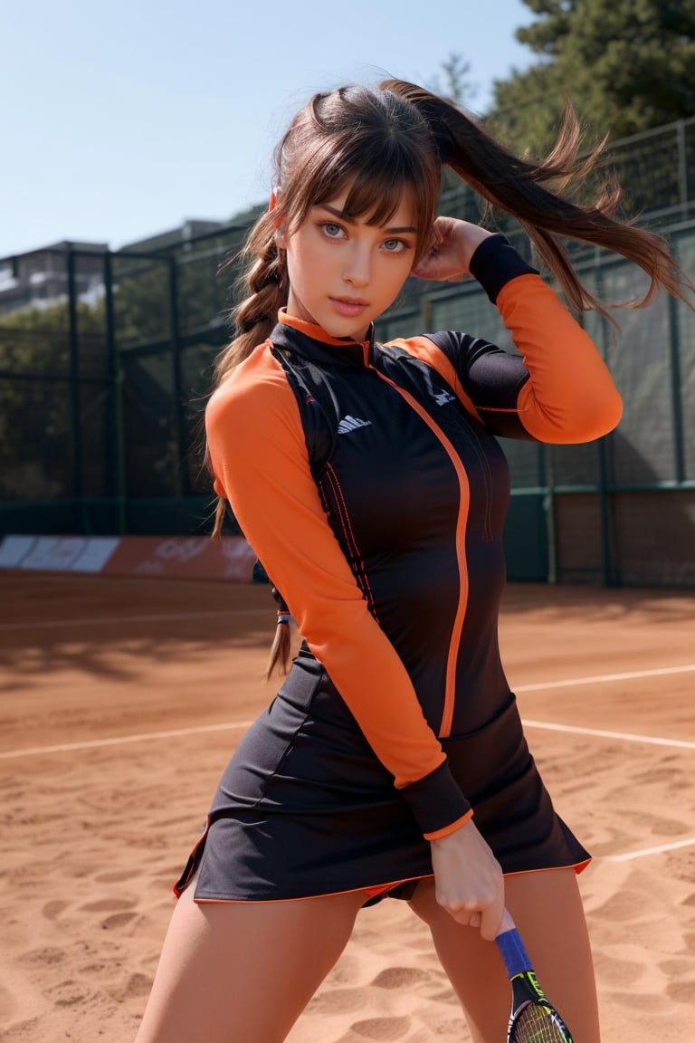 In a breathtaking 8k UHD composition, a stunning dark elf maiden, characterized by long grey hair tied in a ponytail, piercing orange eyes, and striking pointy ears, donning a sleek tennis uniform, stands firm on the Olympic red clay court. Her bangs framing her determined face, which exudes intense concentration as she serves the ball with precision.