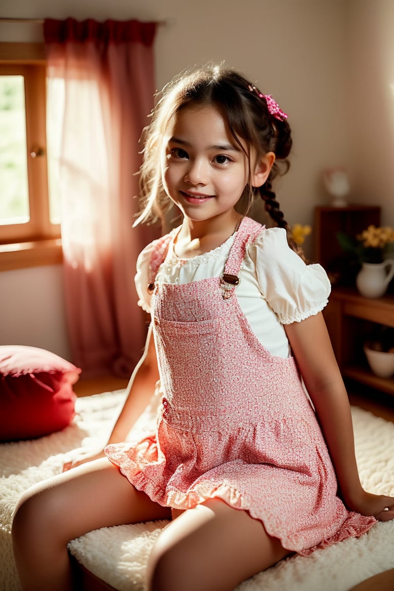 The image is a piece of digital artwork depicting a young girl in a playful pose. It's designed to evoke a sense of innocence and curiosity, with the girl's attire and the surrounding environment suggesting a setting that is both domestic and whimsical. The artwork is likely created to appeal to viewers' nostalgia or fantasy, using visual cues to suggest a story or emotion without direct representation.