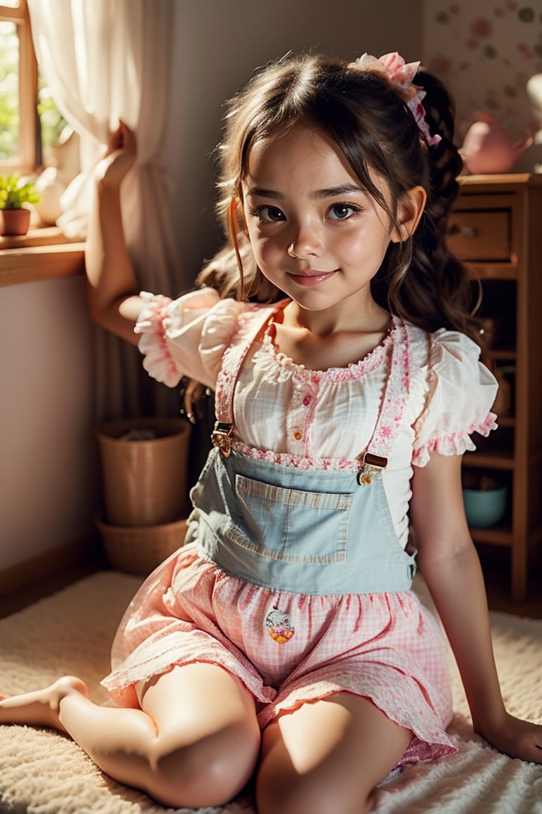 The image is a piece of digital artwork depicting a young girl in a playful pose. It's designed to evoke a sense of innocence and curiosity, with the girl's attire and the surrounding environment suggesting a setting that is both domestic and whimsical. The artwork is likely created to appeal to viewers' nostalgia or fantasy, using visual cues to suggest a story or emotion without direct representation.