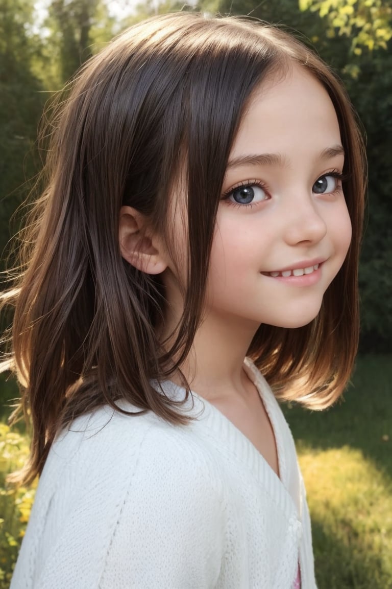 A happy tween girl who poses from the side in warm sunlight. 